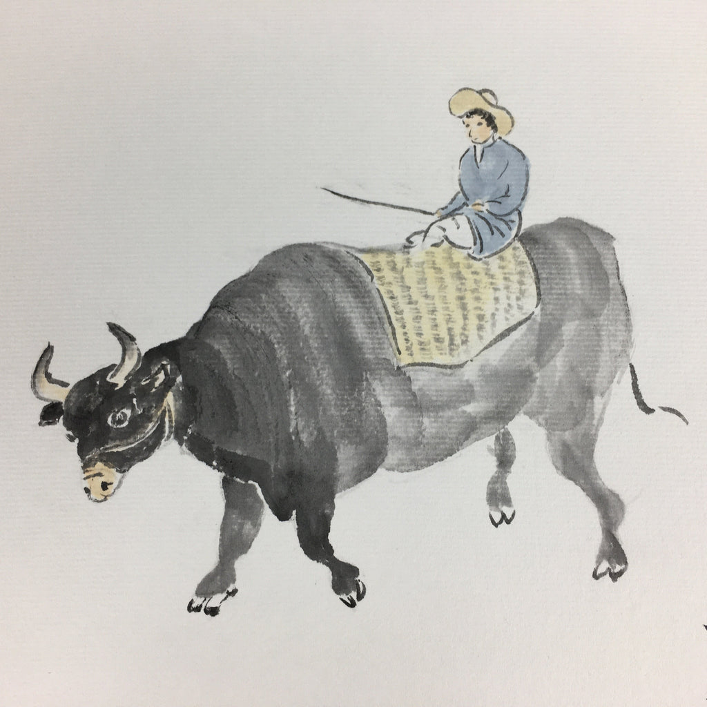 Japanese Art Board Vtg Shikishi Paper Hand Drawn Picture Black Cow Man A390