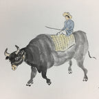 Japanese Art Board Vtg Shikishi Paper Hand Drawn Picture Black Cow Man A390