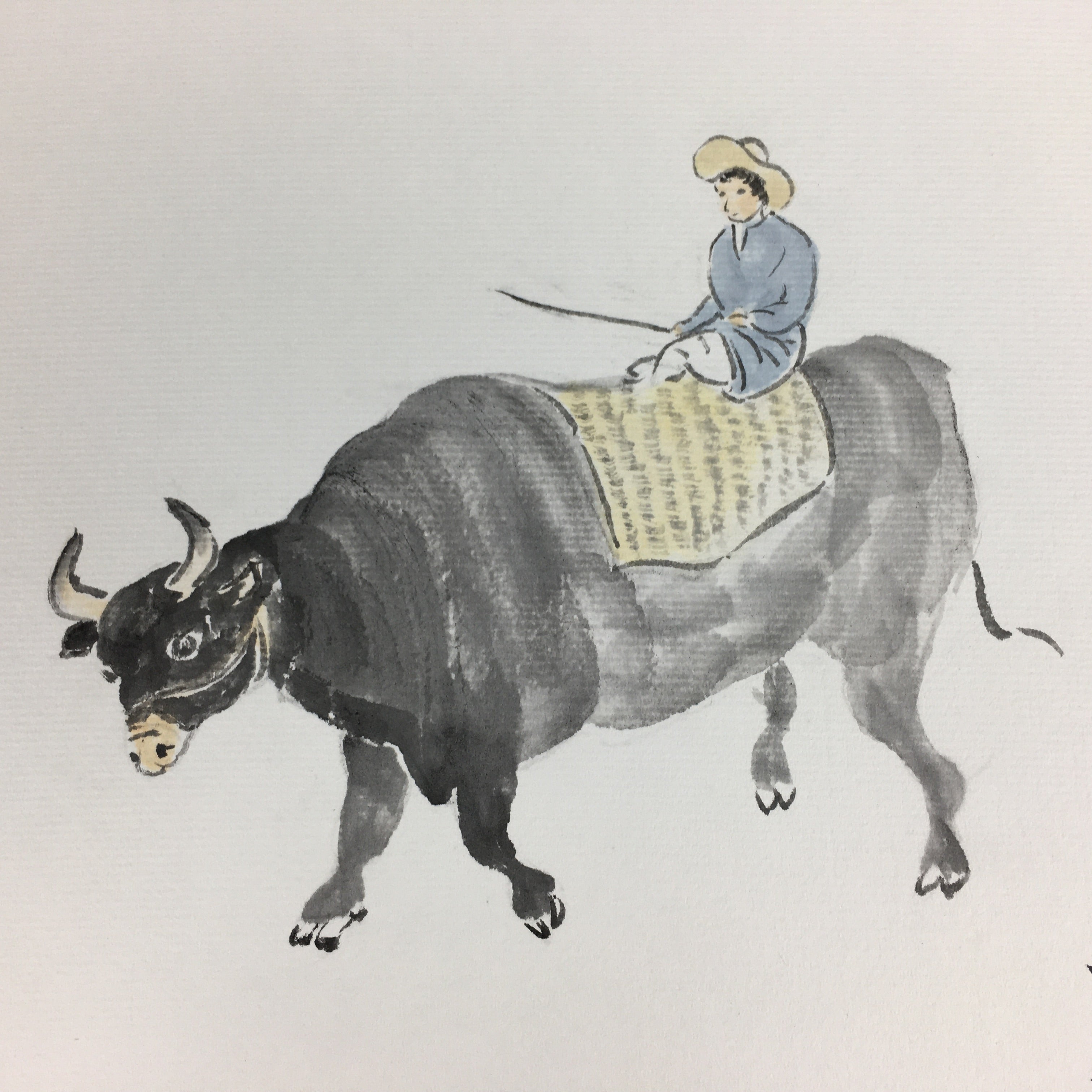 Japanese Art Board Vtg Shikishi Paper Hand Drawn Picture Black Cow Man A390