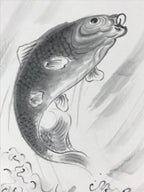 Japanese Art Board Vtg Shikishi Paper Hand Drawn Picture Carp A462
