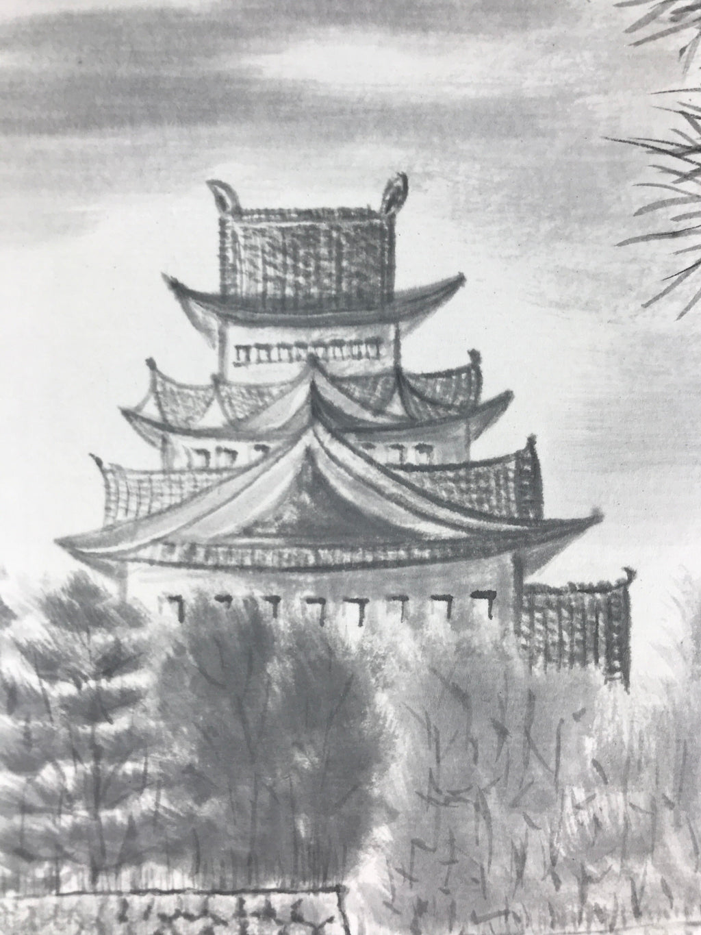 Japanese Art Board Vtg Shikishi Paper Hand Drawn Picture Castle A449