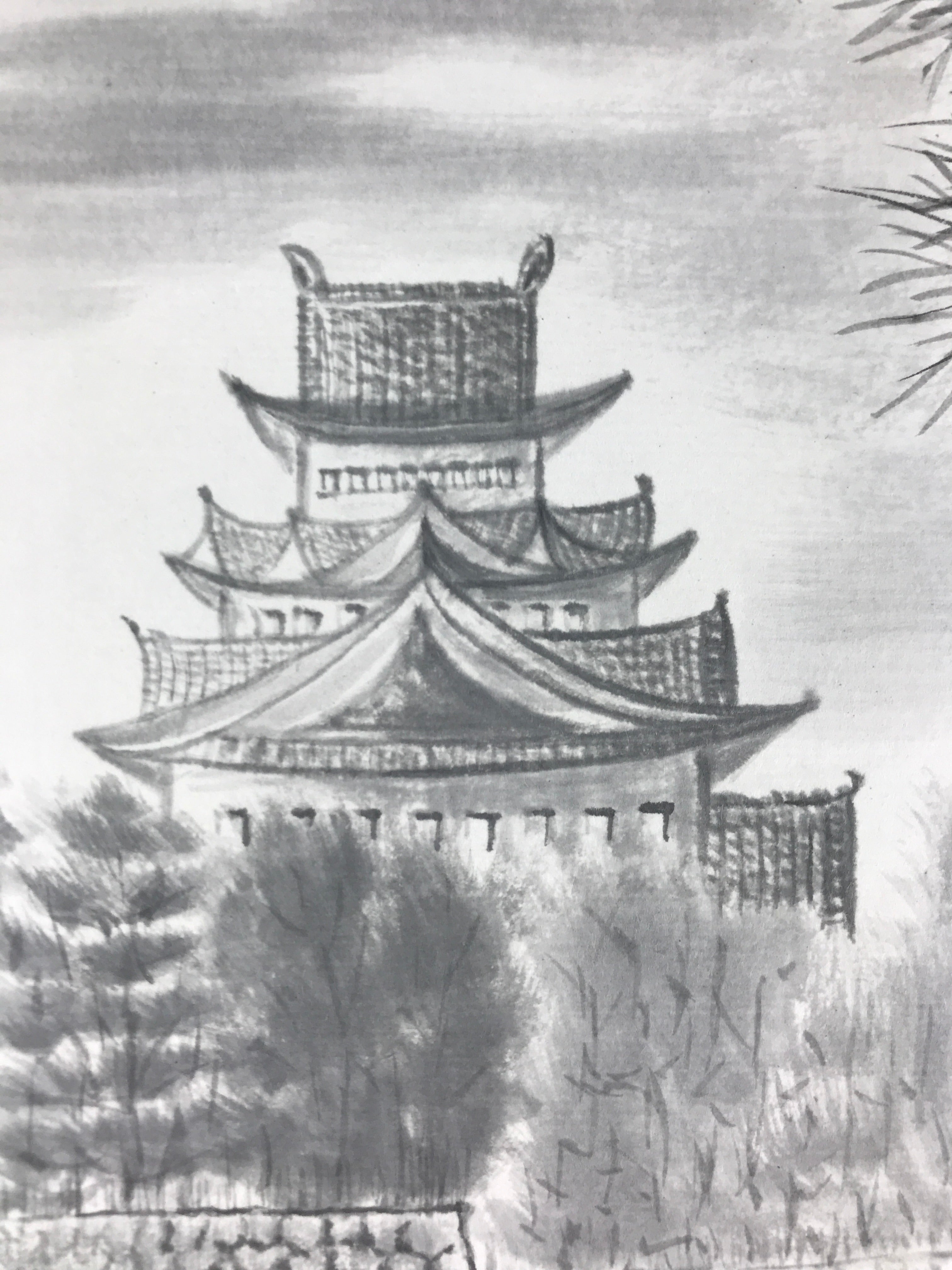 Japanese Art Board Vtg Shikishi Paper Hand Drawn Picture Castle A449