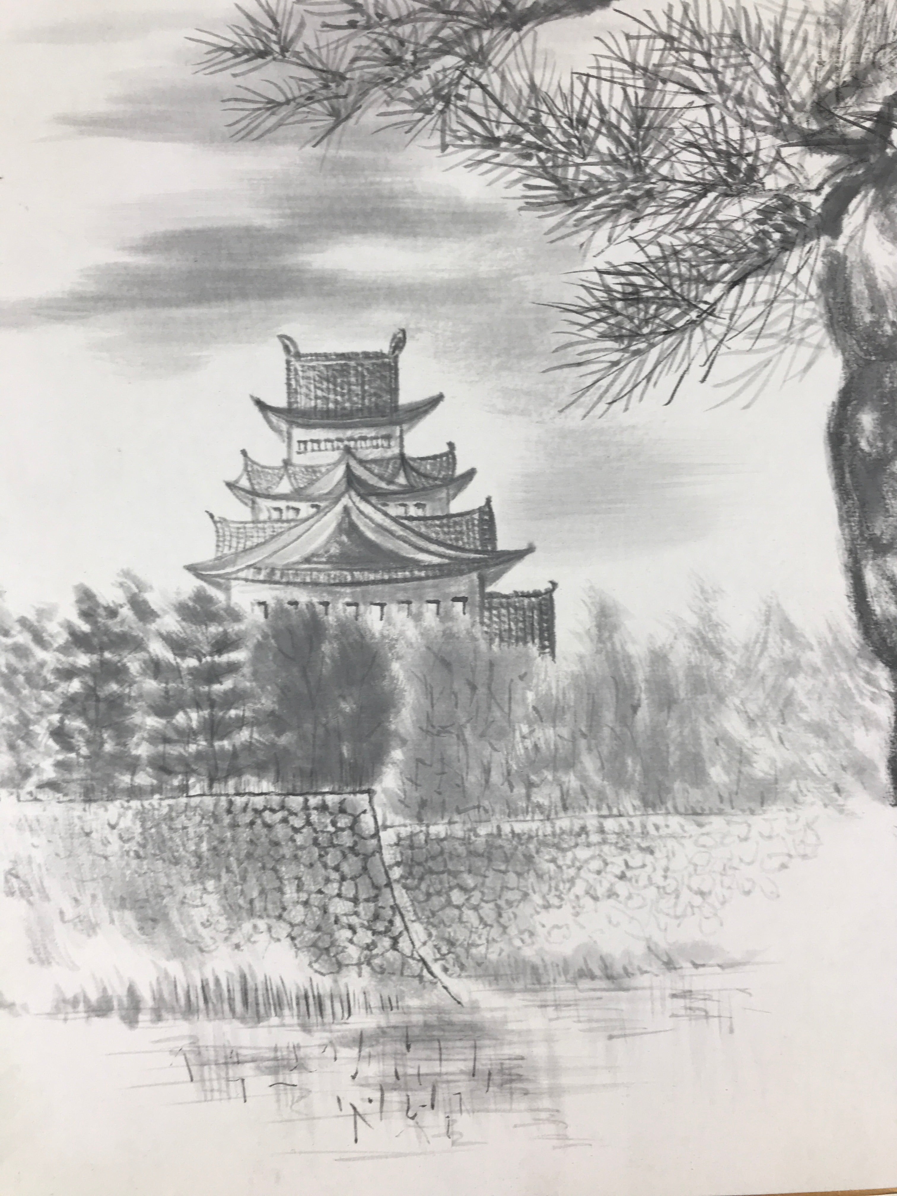 Japanese Art Board Vtg Shikishi Paper Hand Drawn Picture Castle A449