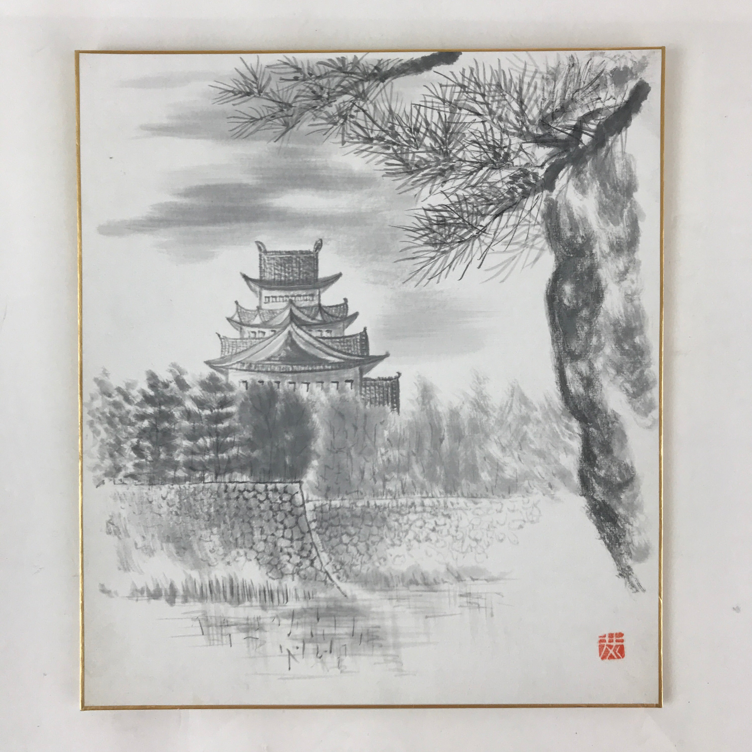 Japanese Art Board Vtg Shikishi Paper Hand Drawn Picture Castle A449