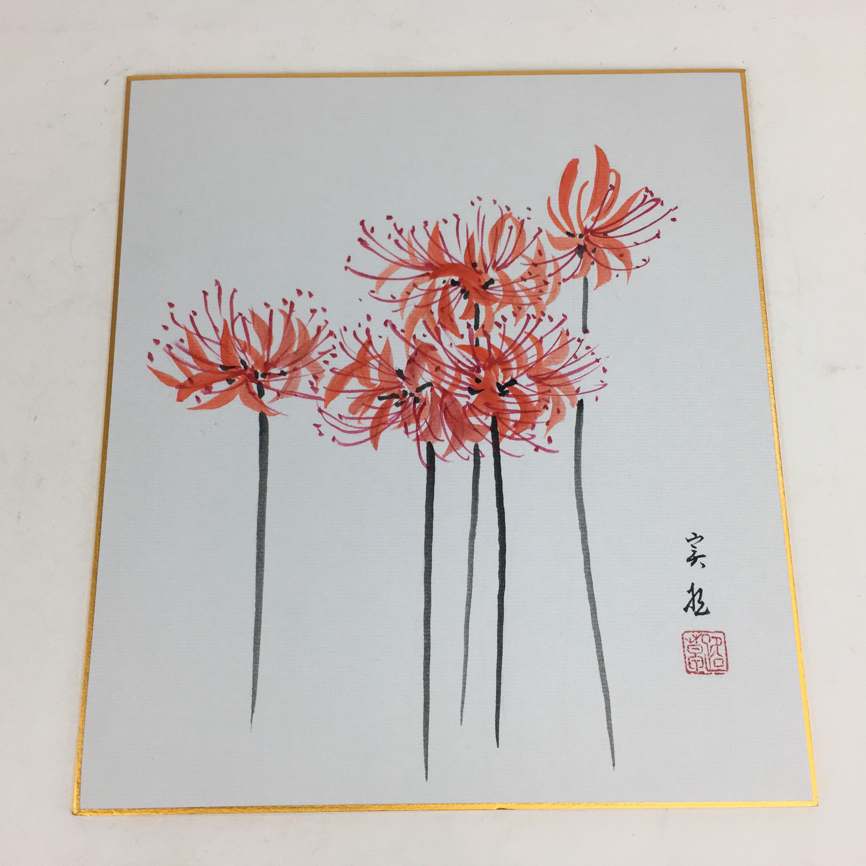 Japanese Art Board Vtg Shikishi Paper Hand Drawn Picture Cluster Amaryllis A362