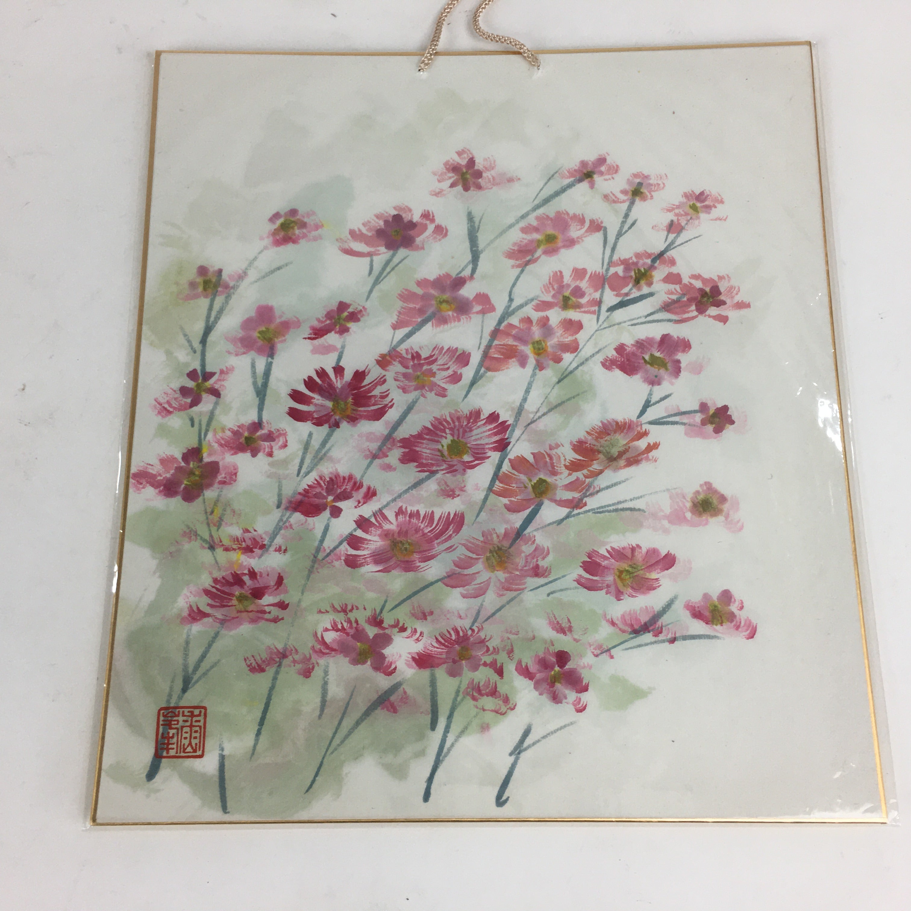 Japanese Art Board Vtg Shikishi Paper Hand Drawn Picture Cosmos Flowers A399