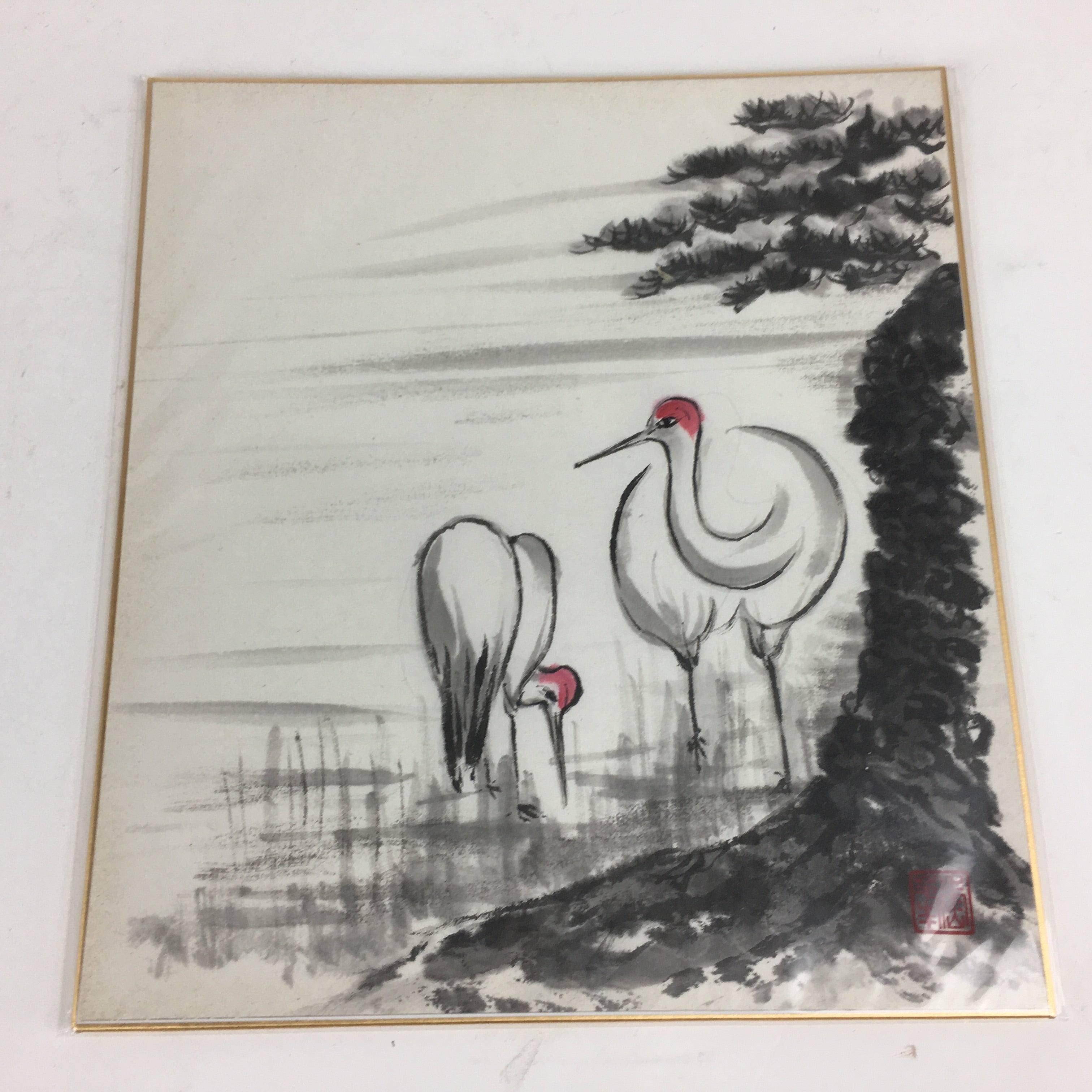 Japanese Art Board Vtg Shikishi Paper Hand Drawn Picture Crane Pine Tree A359