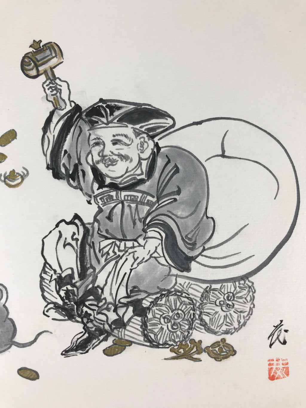 Japanese Art Board Vtg Shikishi Paper Hand Drawn Picture Daikokuten A443