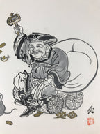 Japanese Art Board Vtg Shikishi Paper Hand Drawn Picture Daikokuten A443