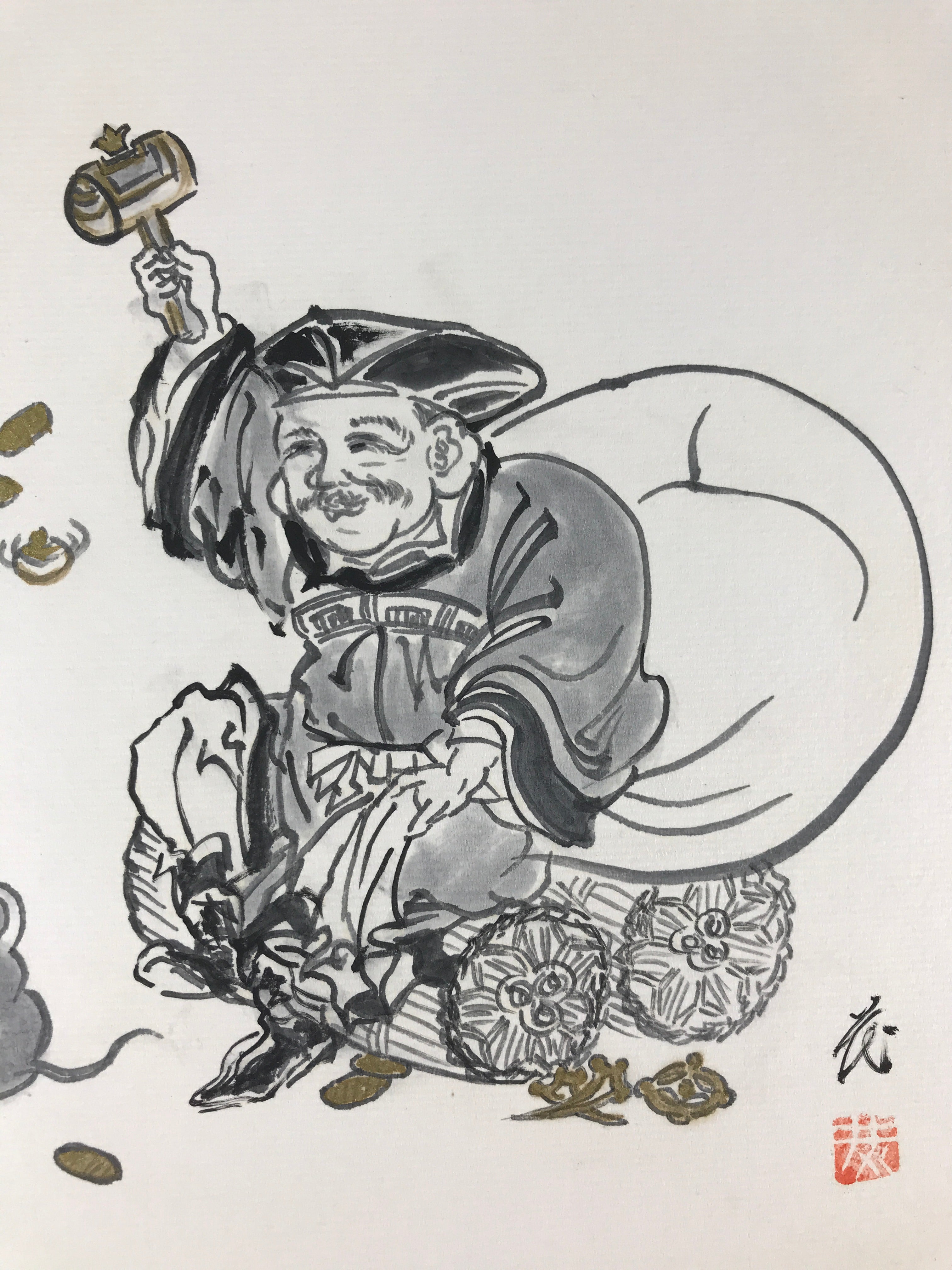 Japanese Art Board Vtg Shikishi Paper Hand Drawn Picture Daikokuten A443