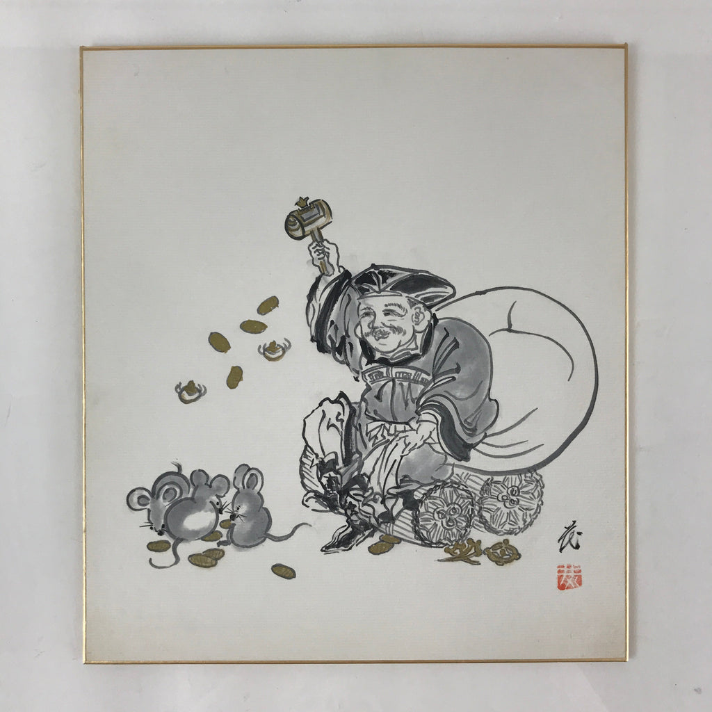 Japanese Art Board Vtg Shikishi Paper Hand Drawn Picture Daikokuten A443