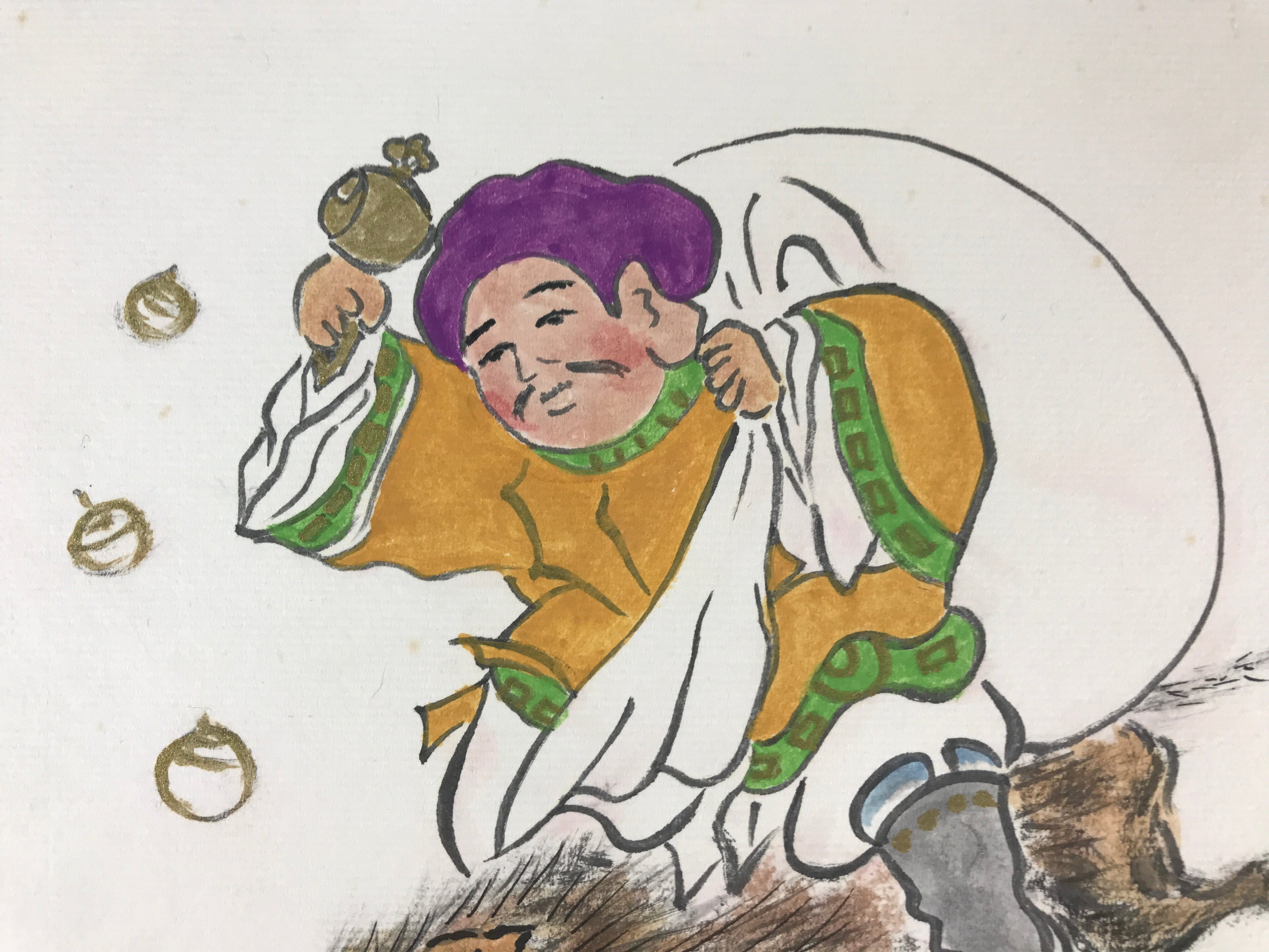 Japanese Art Board Vtg Shikishi Paper Hand Drawn Picture Daikokuten A458