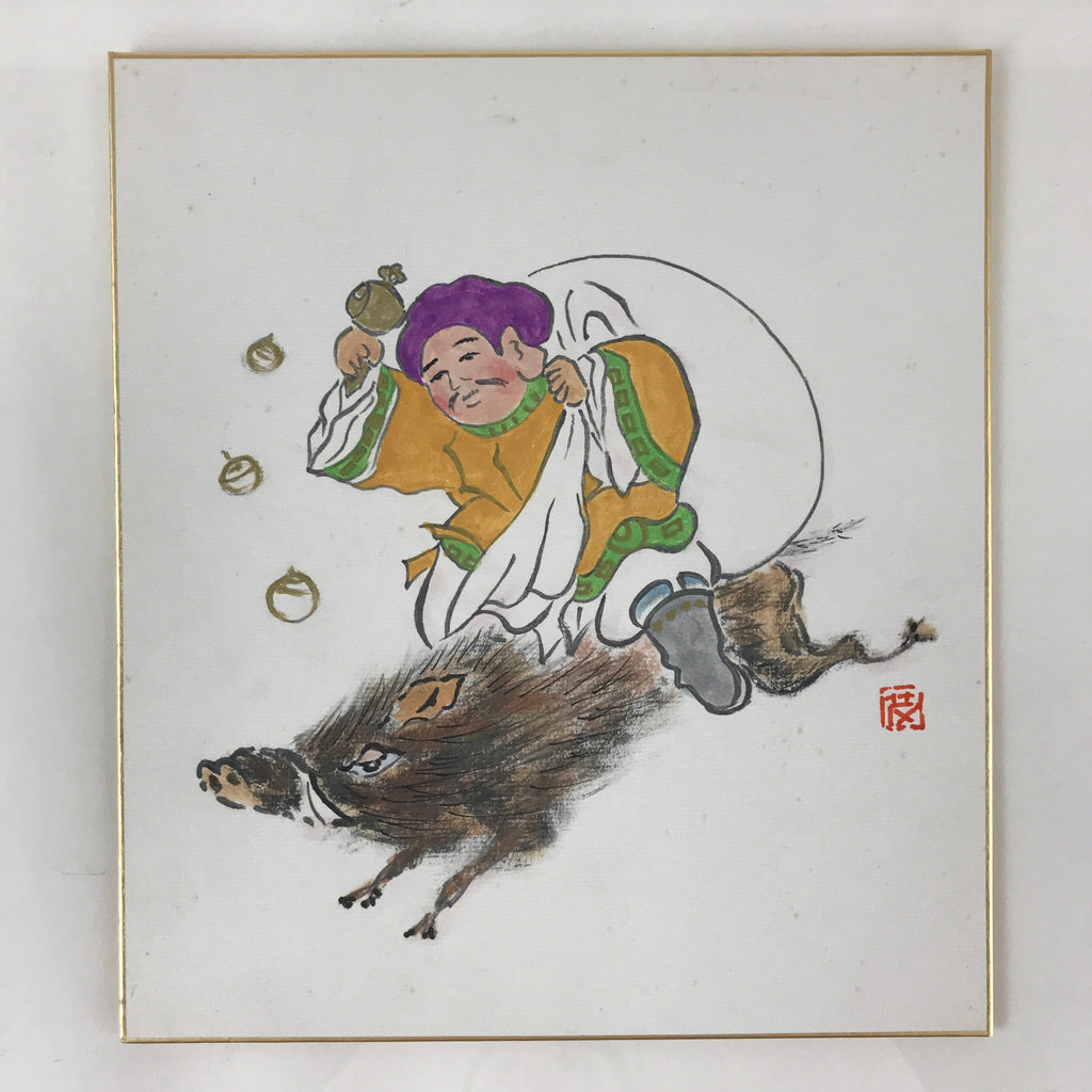 Japanese Art Board Vtg Shikishi Paper Hand Drawn Picture Daikokuten A458