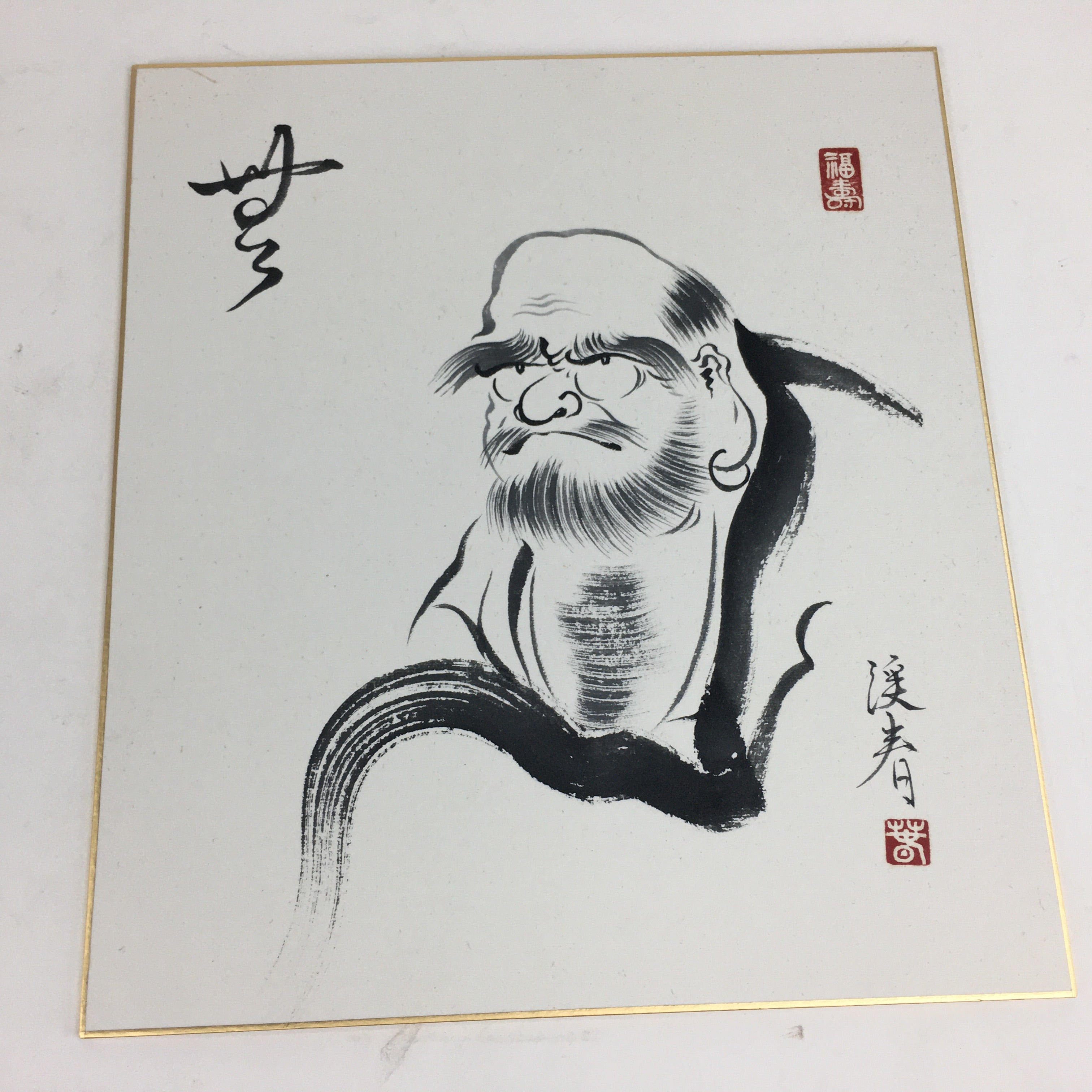 Japanese Art Board Vtg Shikishi Paper Hand Drawn Picture Daruma Monk A400