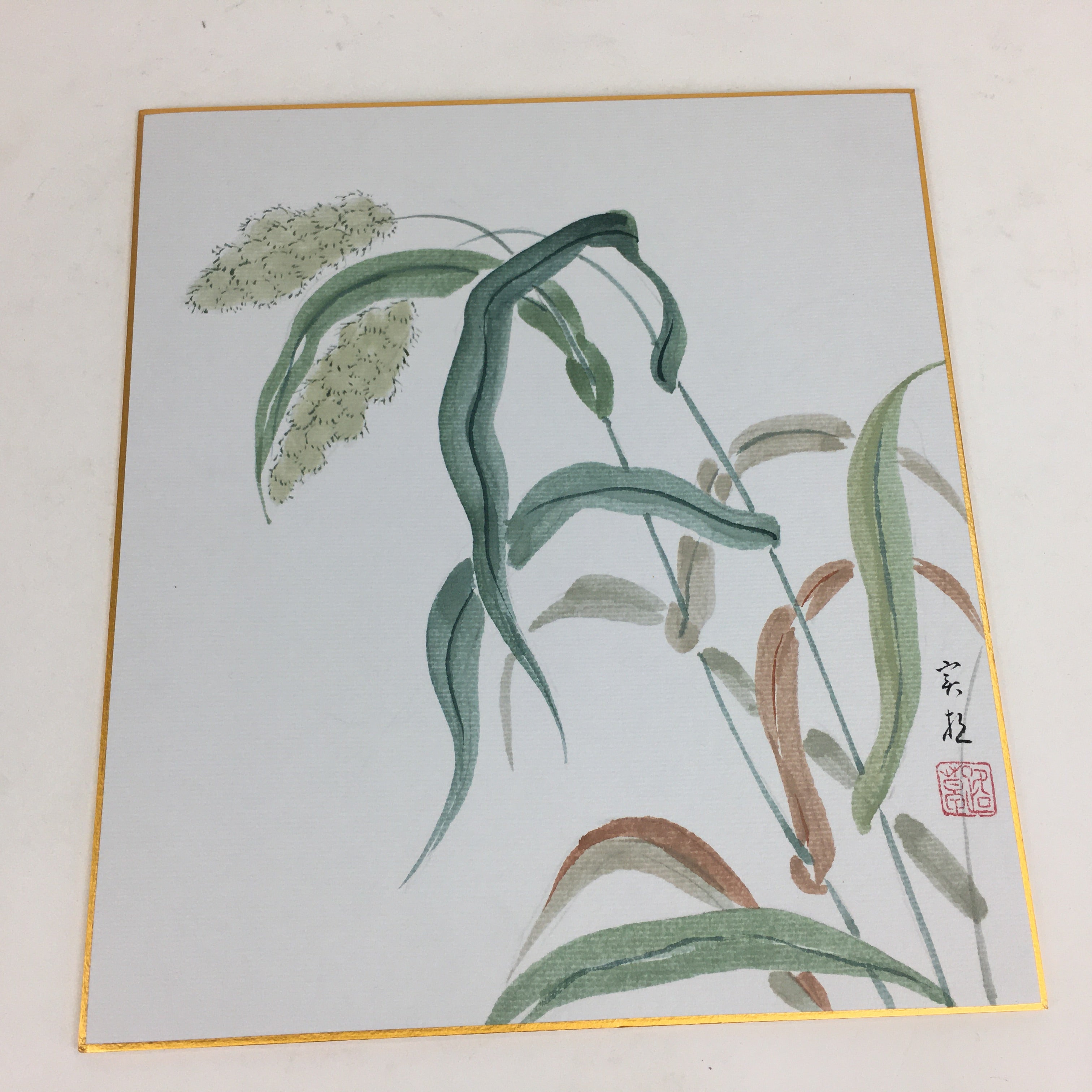 Japanese Art Board Vtg Shikishi Paper Hand Drawn Picture Ears Of Plant A364
