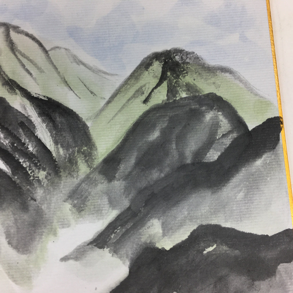 Japanese Art Board Vtg Shikishi Paper Hand Drawn Picture Green Mountain A368