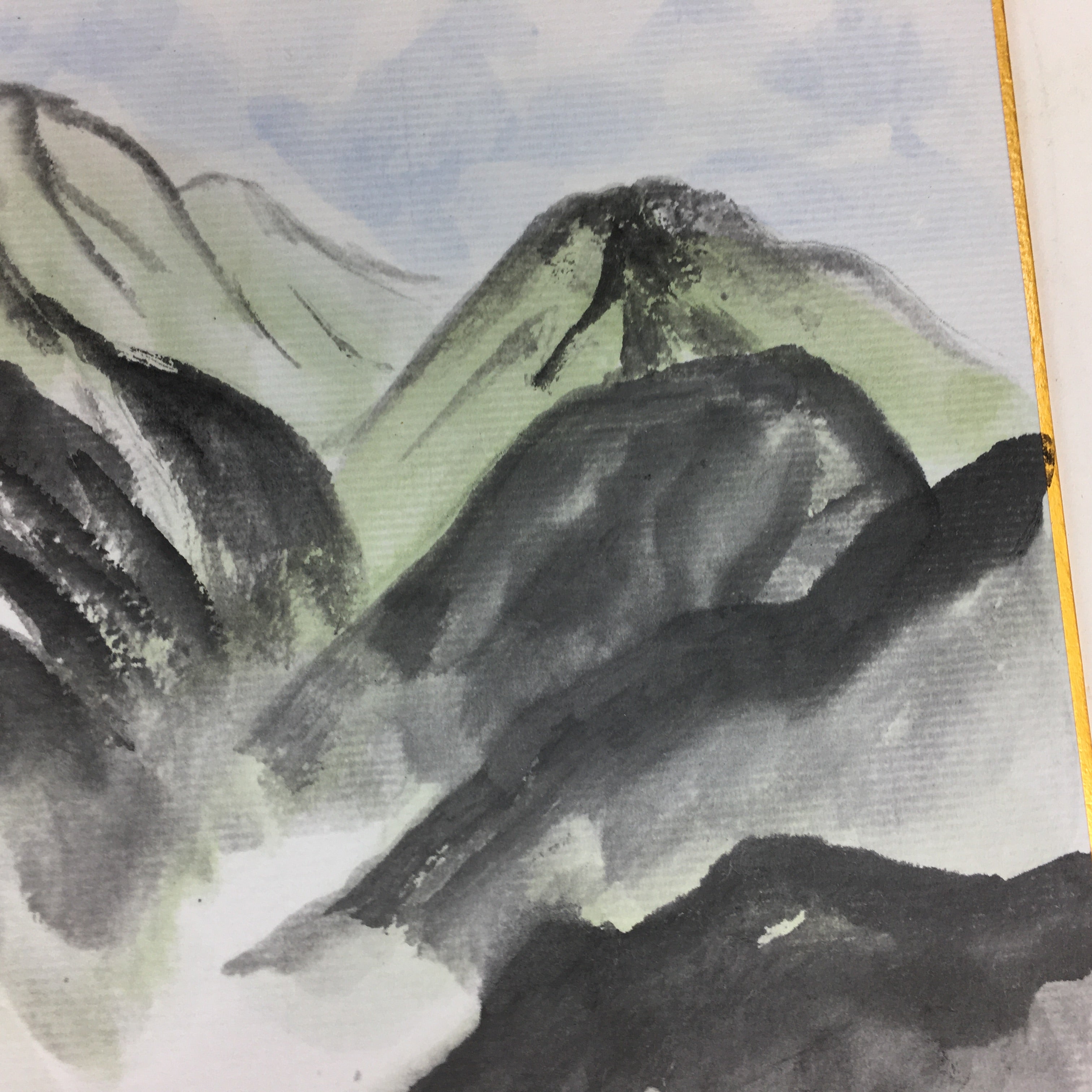 Japanese Art Board Vtg Shikishi Paper Hand Drawn Picture Green Mountain A368