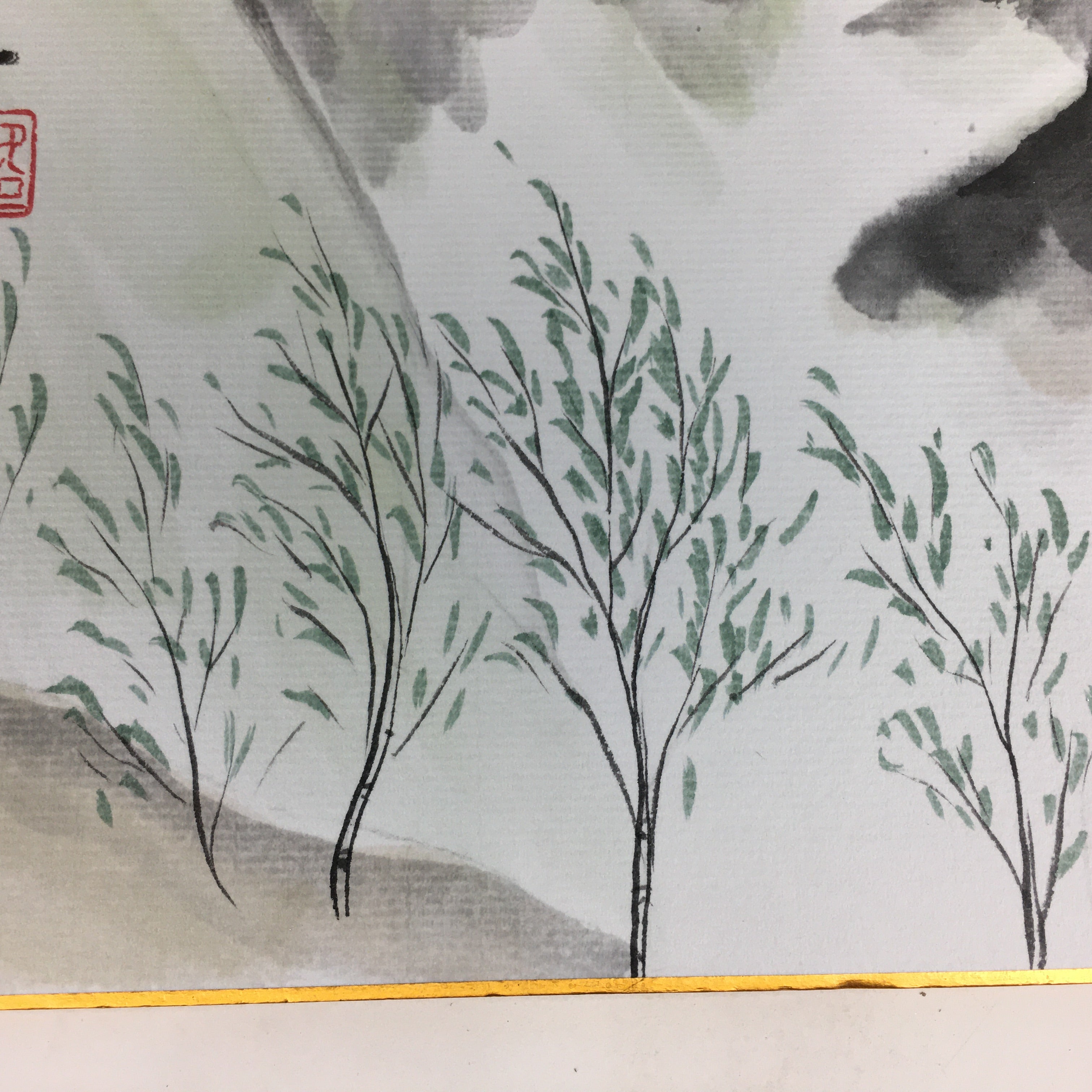 Japanese Art Board Vtg Shikishi Paper Hand Drawn Picture Green Mountain A368