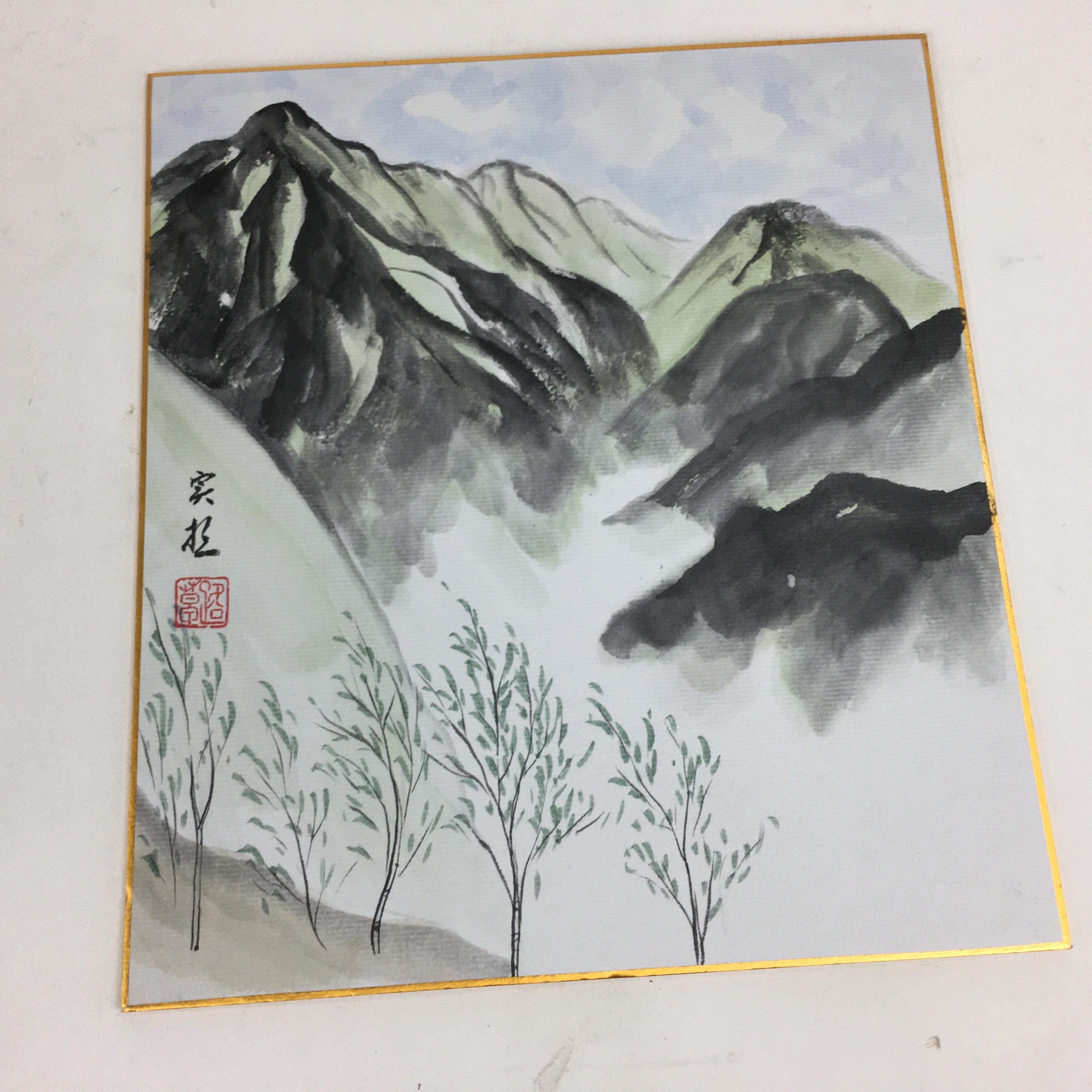 Japanese Art Board Vtg Shikishi Paper Hand Drawn Picture Green Mountain A368