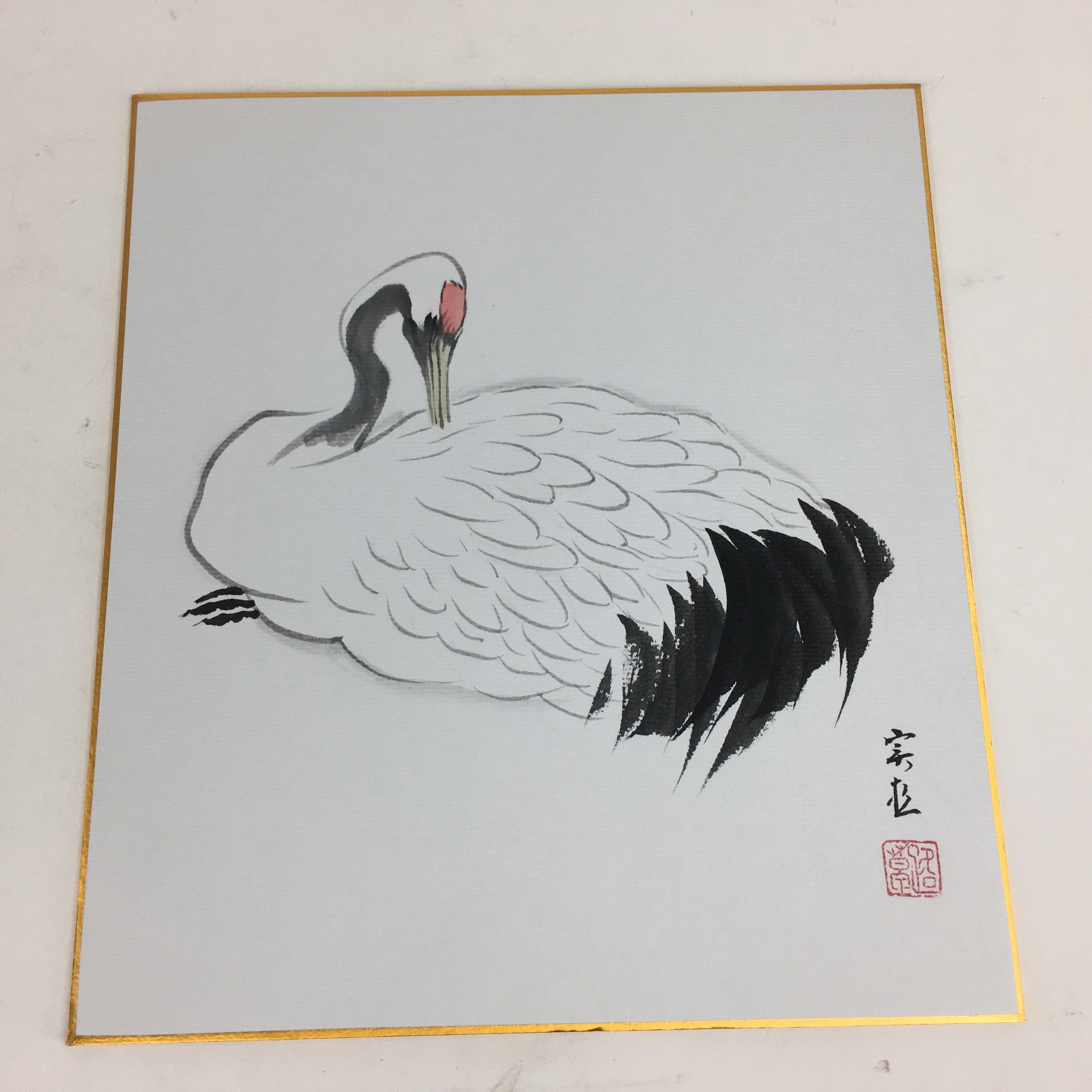 Japanese Art Board Vtg Shikishi Paper Hand Drawn Picture Grooming Crane A370
