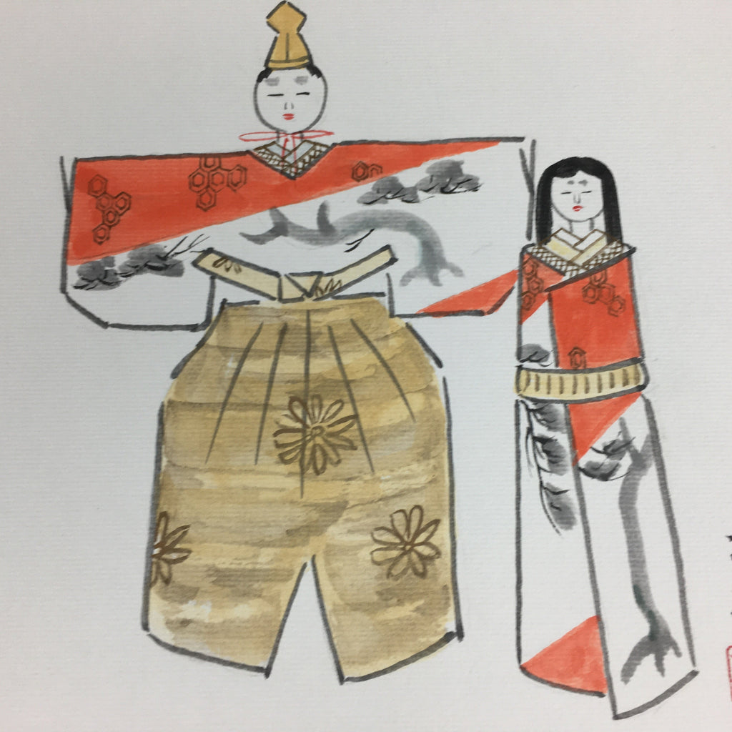 Japanese Art Board Vtg Shikishi Paper Hand Drawn Picture Hina Doll A363