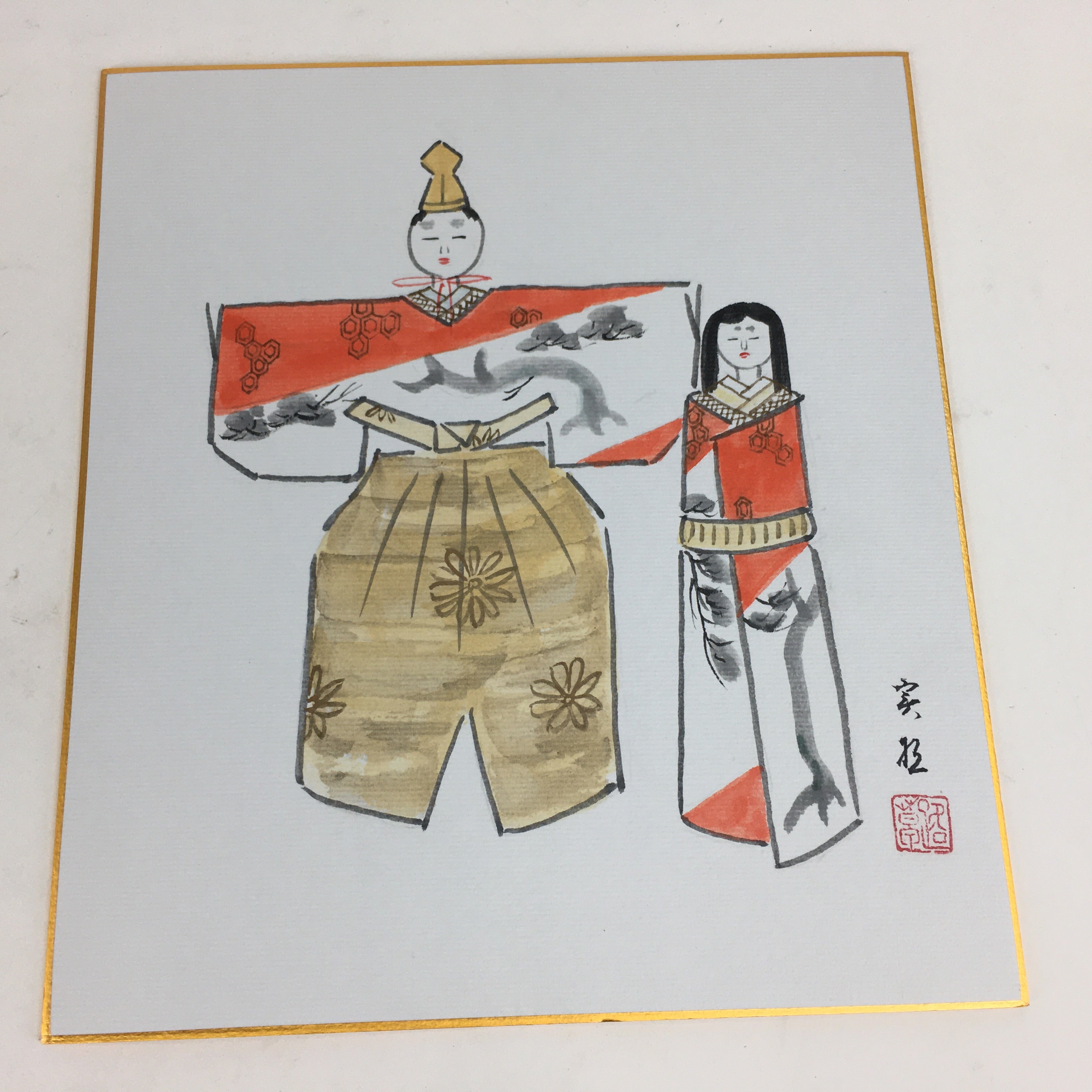 Japanese Art Board Vtg Shikishi Paper Hand Drawn Picture Hina Doll A363