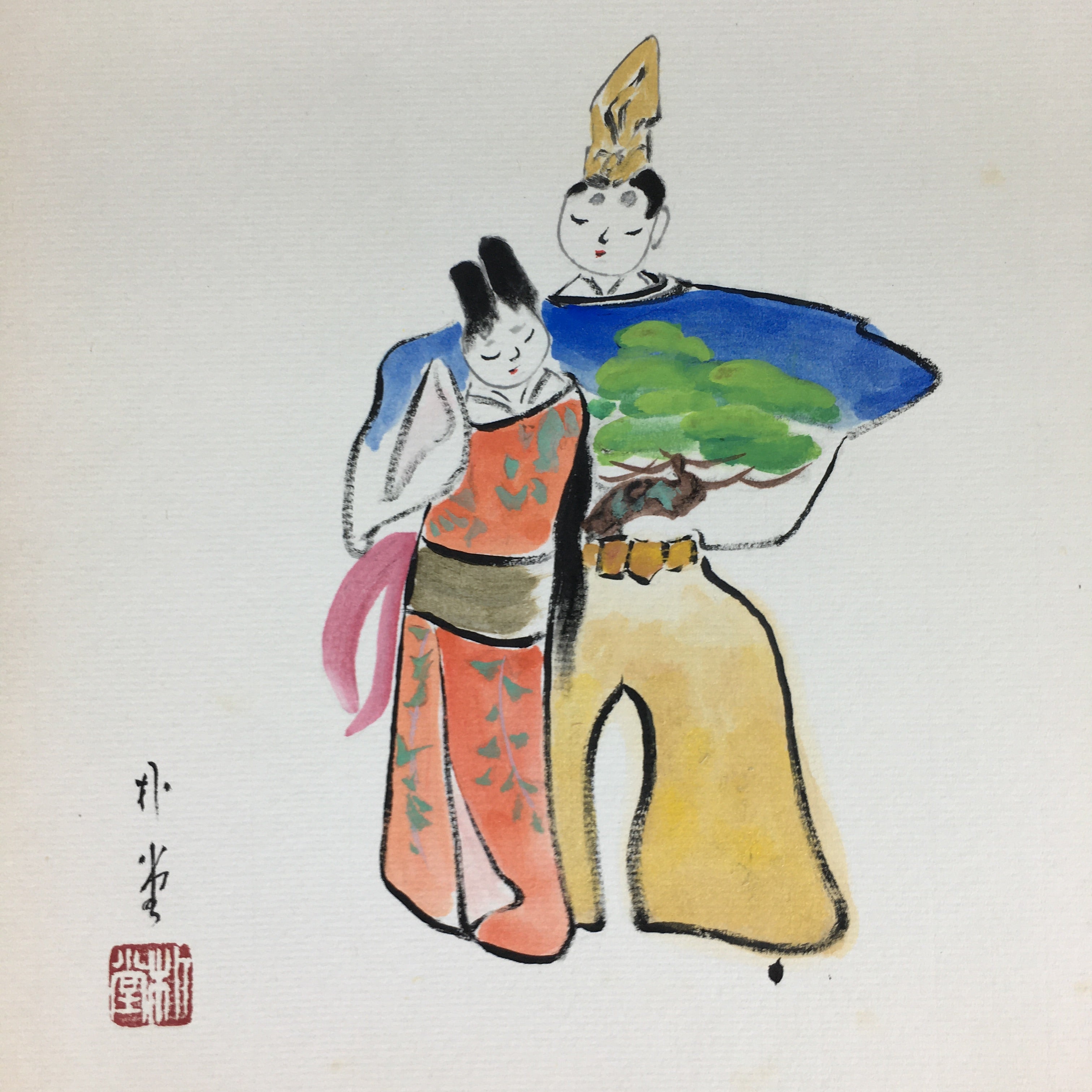 Japanese Art Board Vtg Shikishi Paper Hand Drawn Picture Hina Doll A407