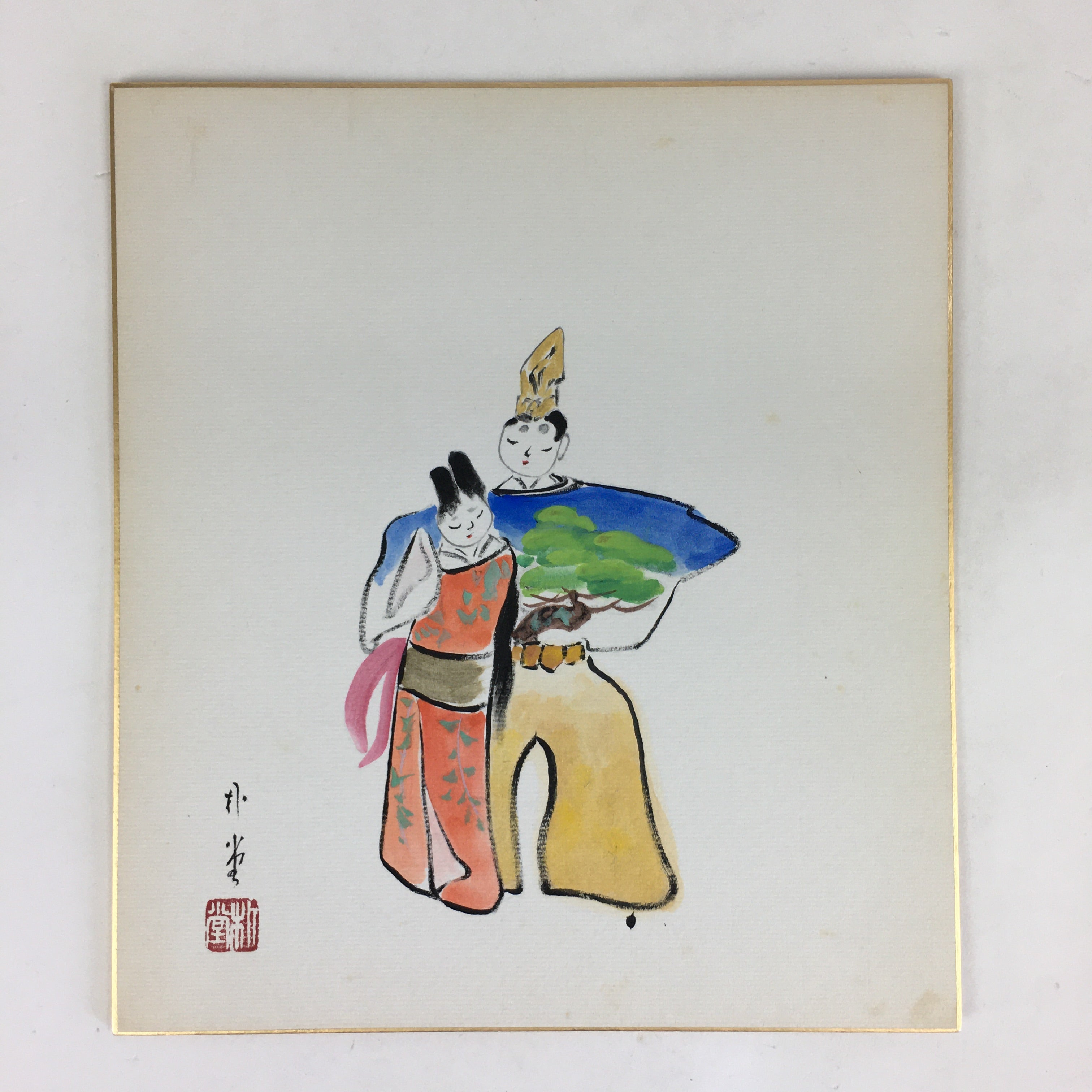 Japanese Art Board Vtg Shikishi Paper Hand Drawn Picture Hina Doll A407
