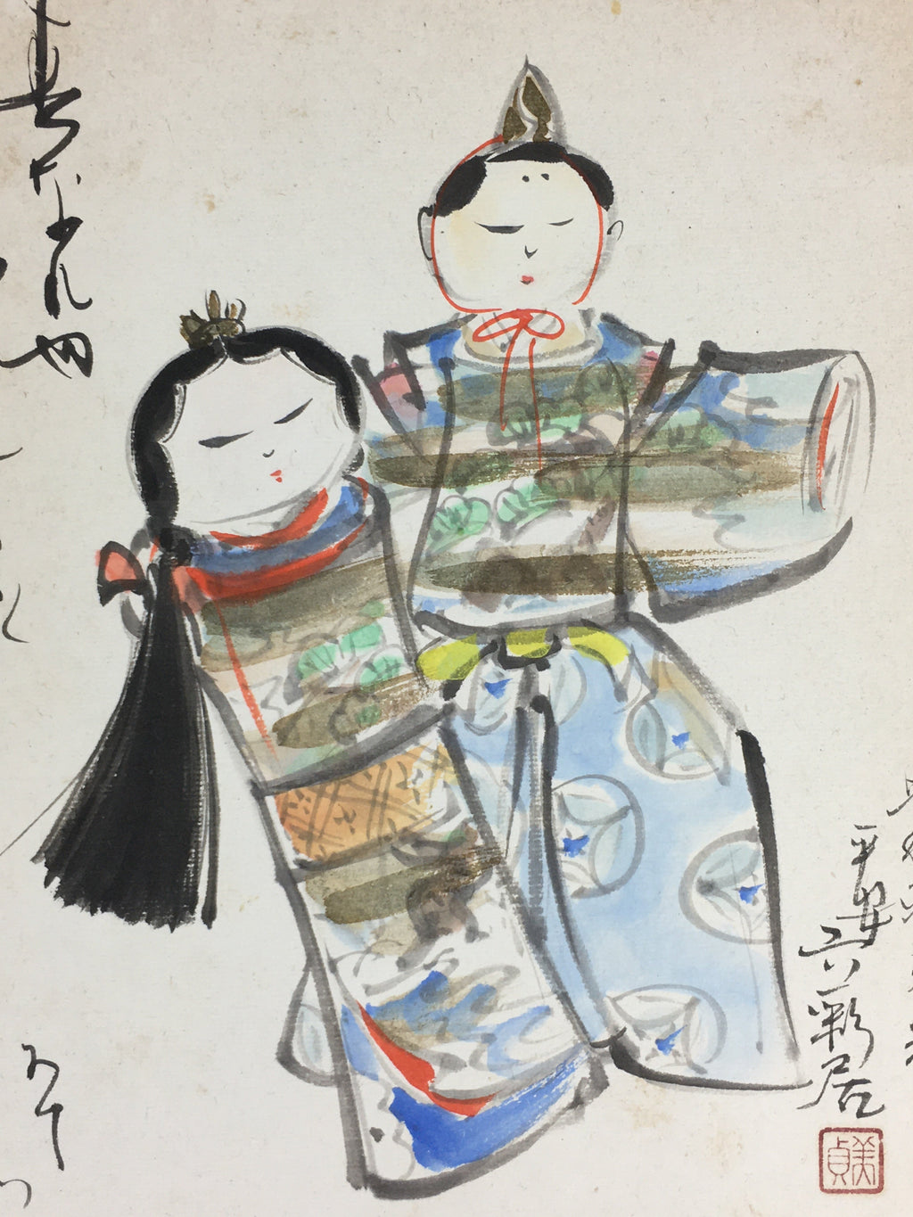 Japanese Art Board Vtg Shikishi Paper Hand Drawn Picture Hina dolls A433