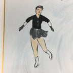 Japanese Art Board Vtg Shikishi Paper Hand Drawn Picture Ice Skating A366
