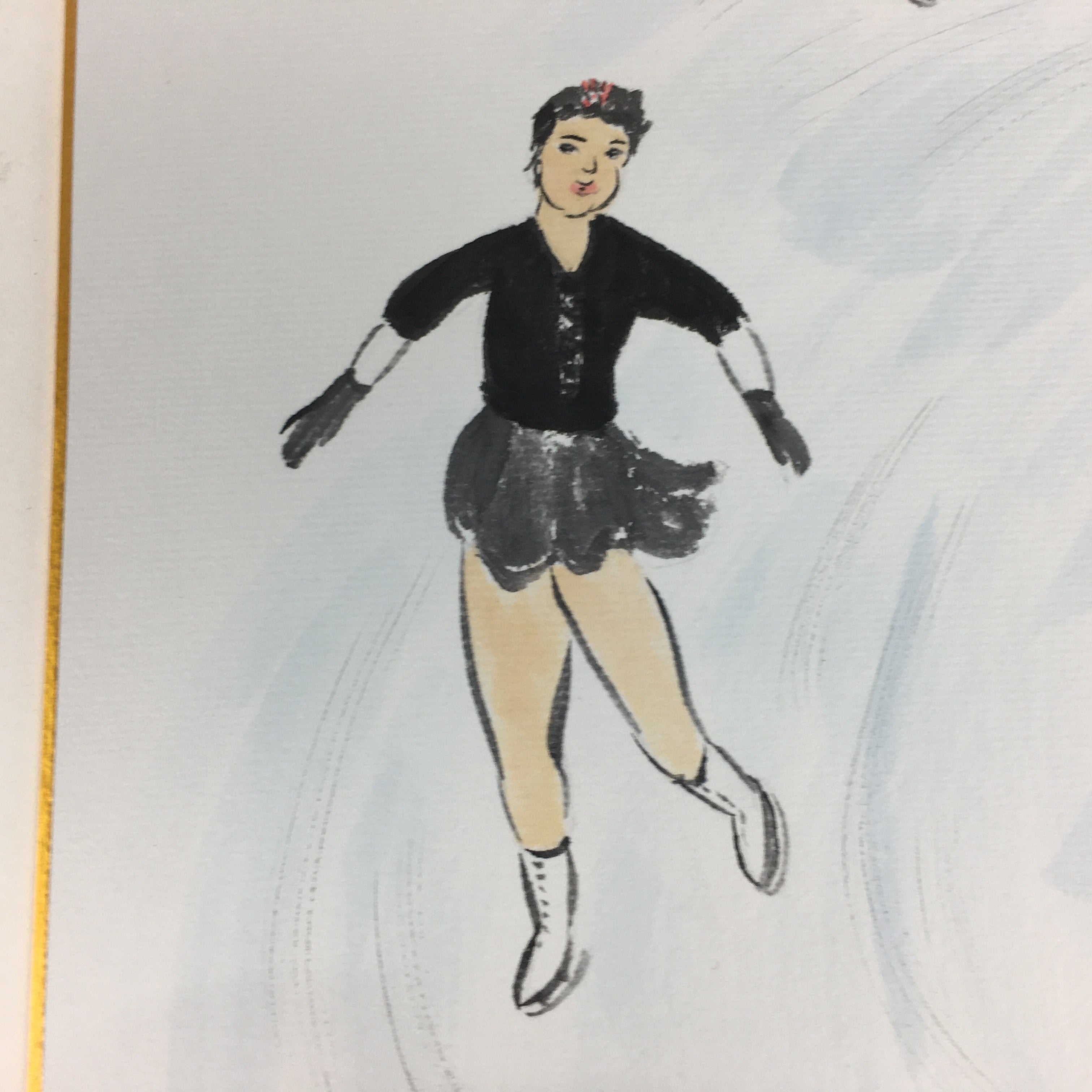 Japanese Art Board Vtg Shikishi Paper Hand Drawn Picture Ice Skating A366