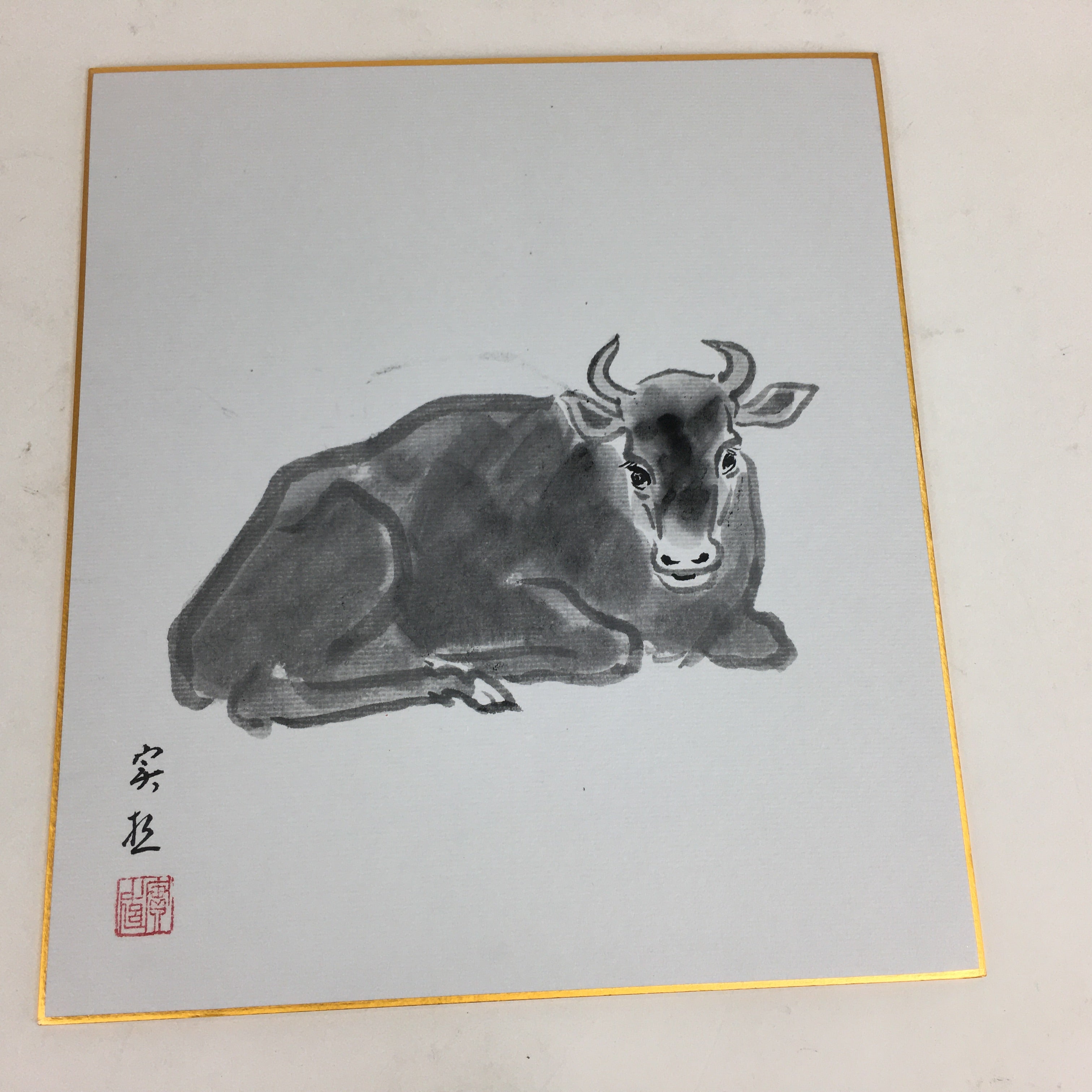 Japanese Art Board Vtg Shikishi Paper Hand Drawn Picture Lying Black Cow A375