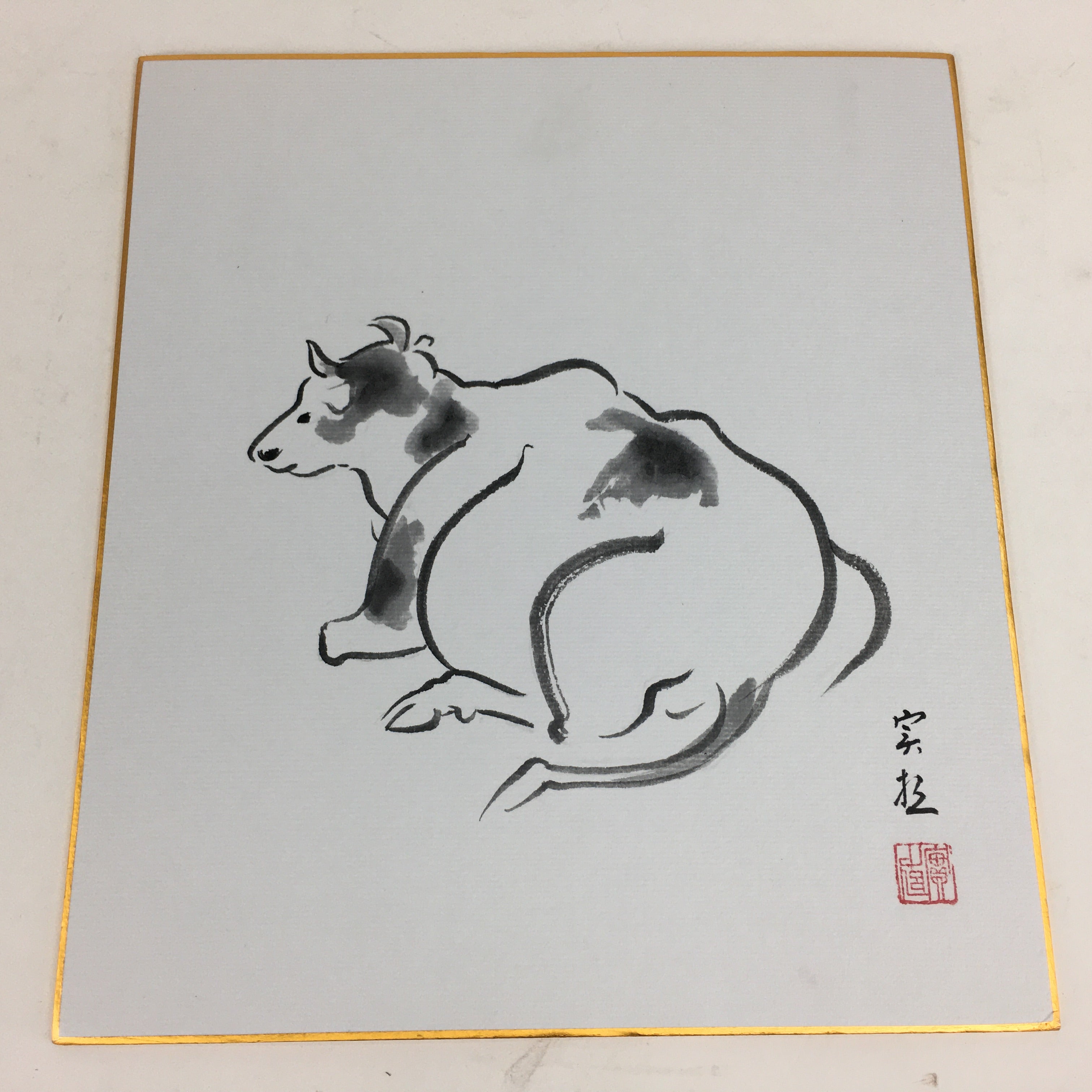 Japanese Art Board Vtg Shikishi Paper Hand Drawn Picture Lying Cow A373