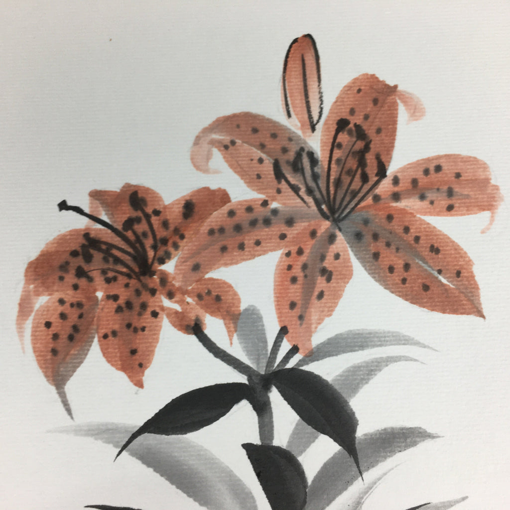 Japanese Art Board Vtg Shikishi Paper Hand Drawn Picture Orange Lily A367