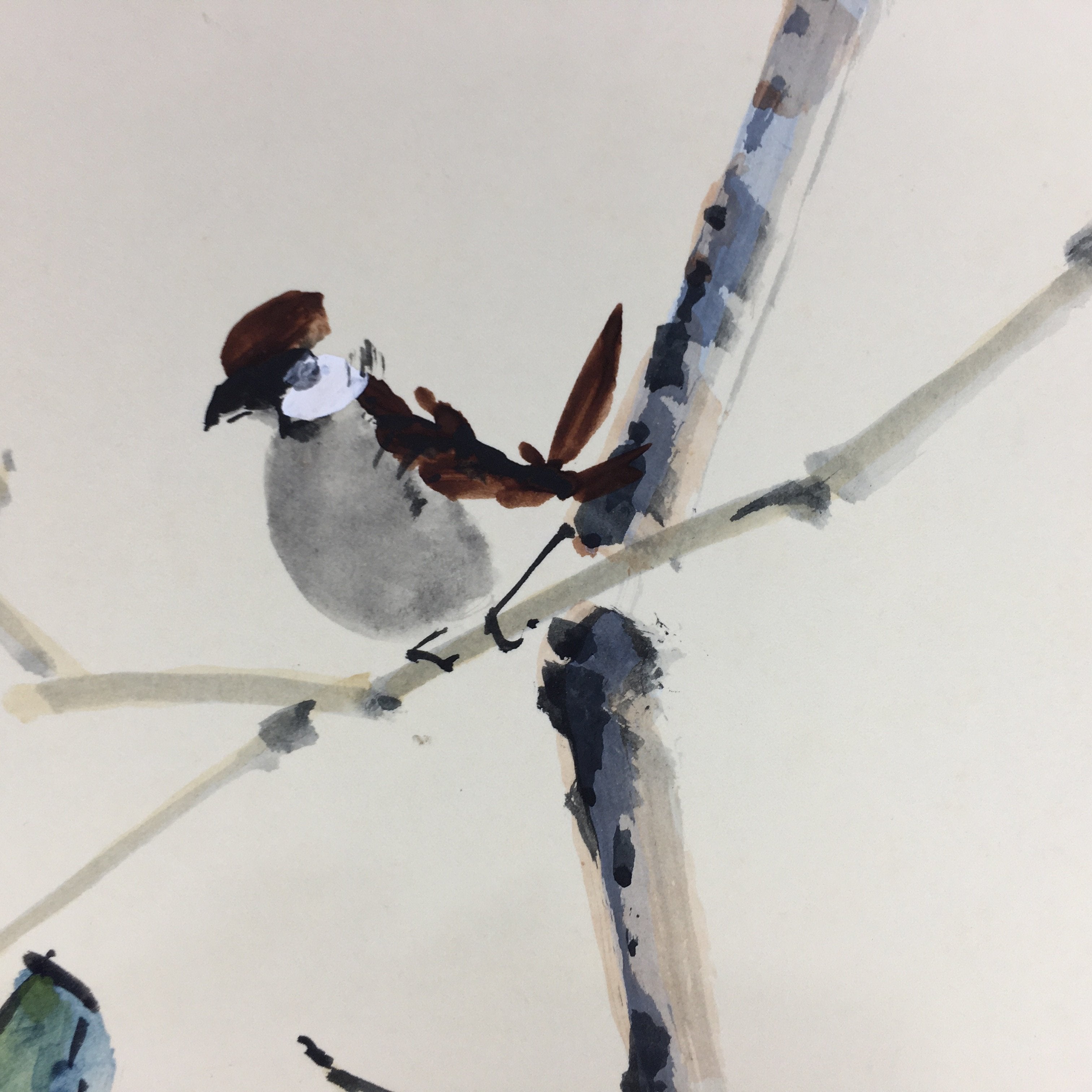 Japanese Art Board Vtg Shikishi Paper Hand Drawn Picture Persimmon Sparrow A350