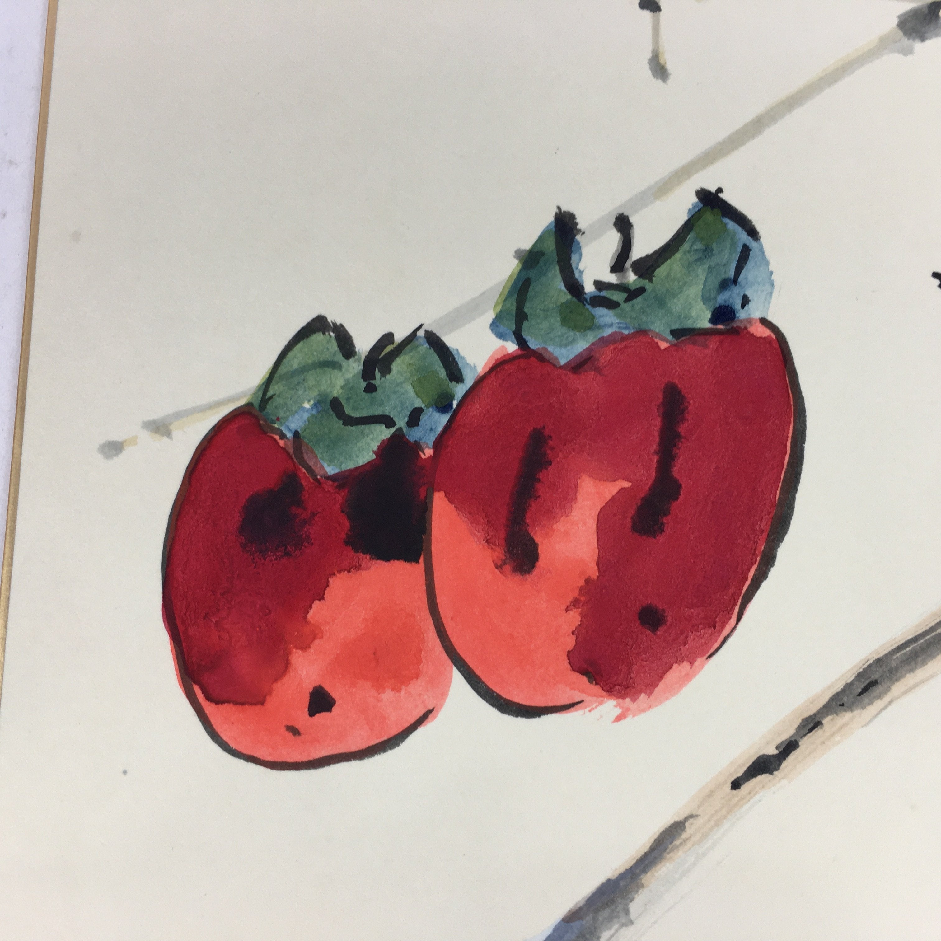 Japanese Art Board Vtg Shikishi Paper Hand Drawn Picture Persimmon Sparrow A350
