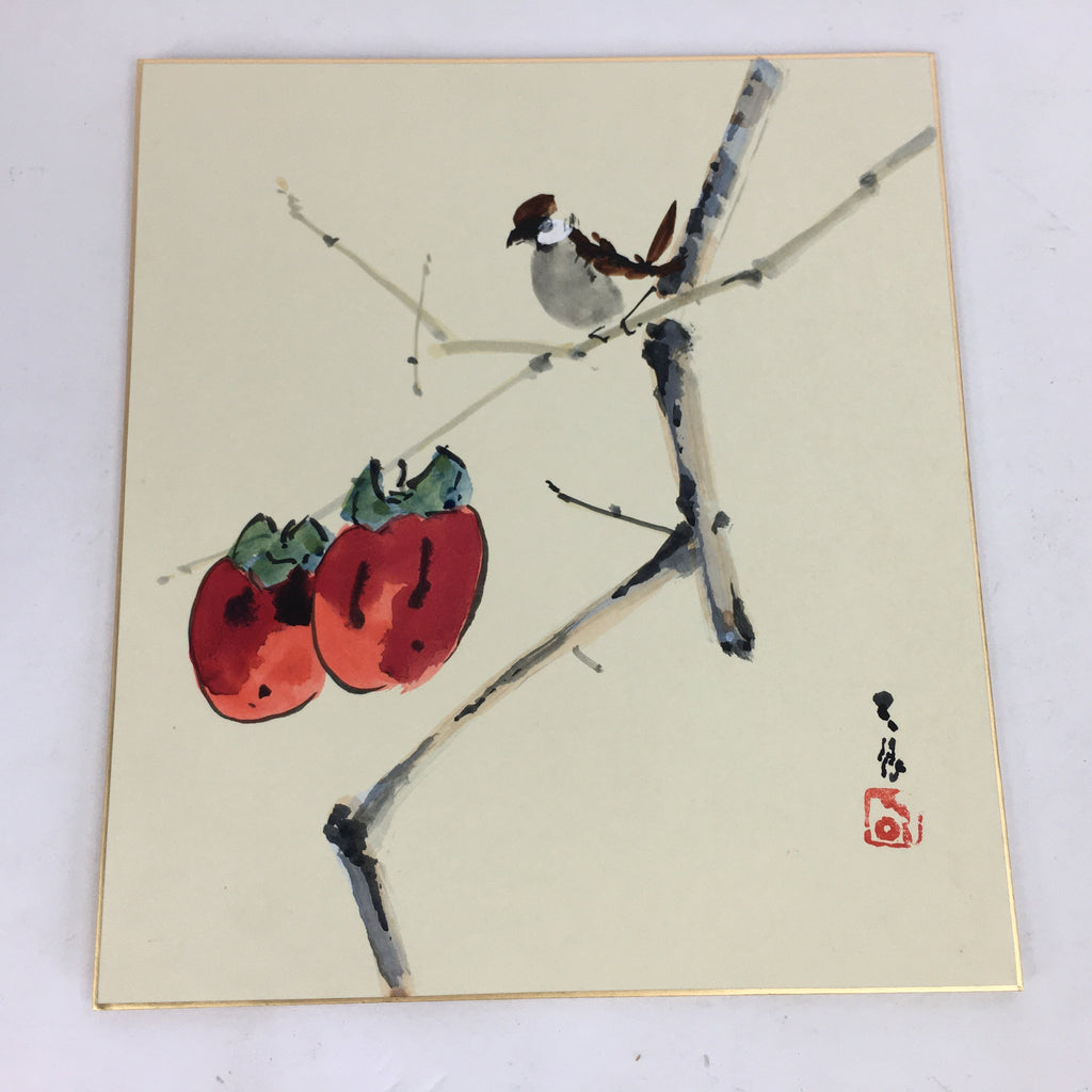 Japanese Art Board Vtg Shikishi Paper Hand Drawn Picture Persimmon Sparrow A350
