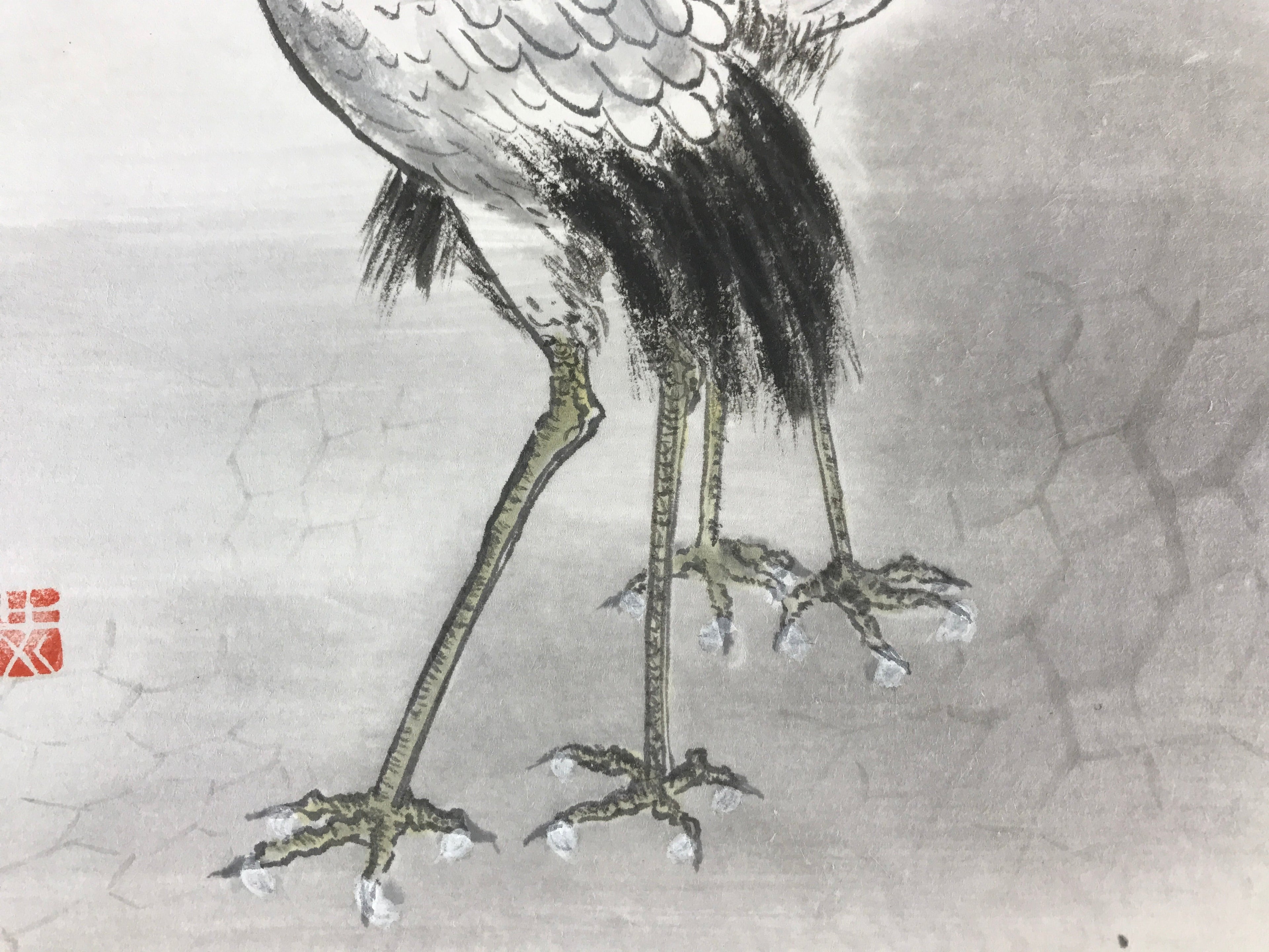 Japanese Art Board Vtg Shikishi Paper Hand Drawn Picture Pine Tree Cranes A451