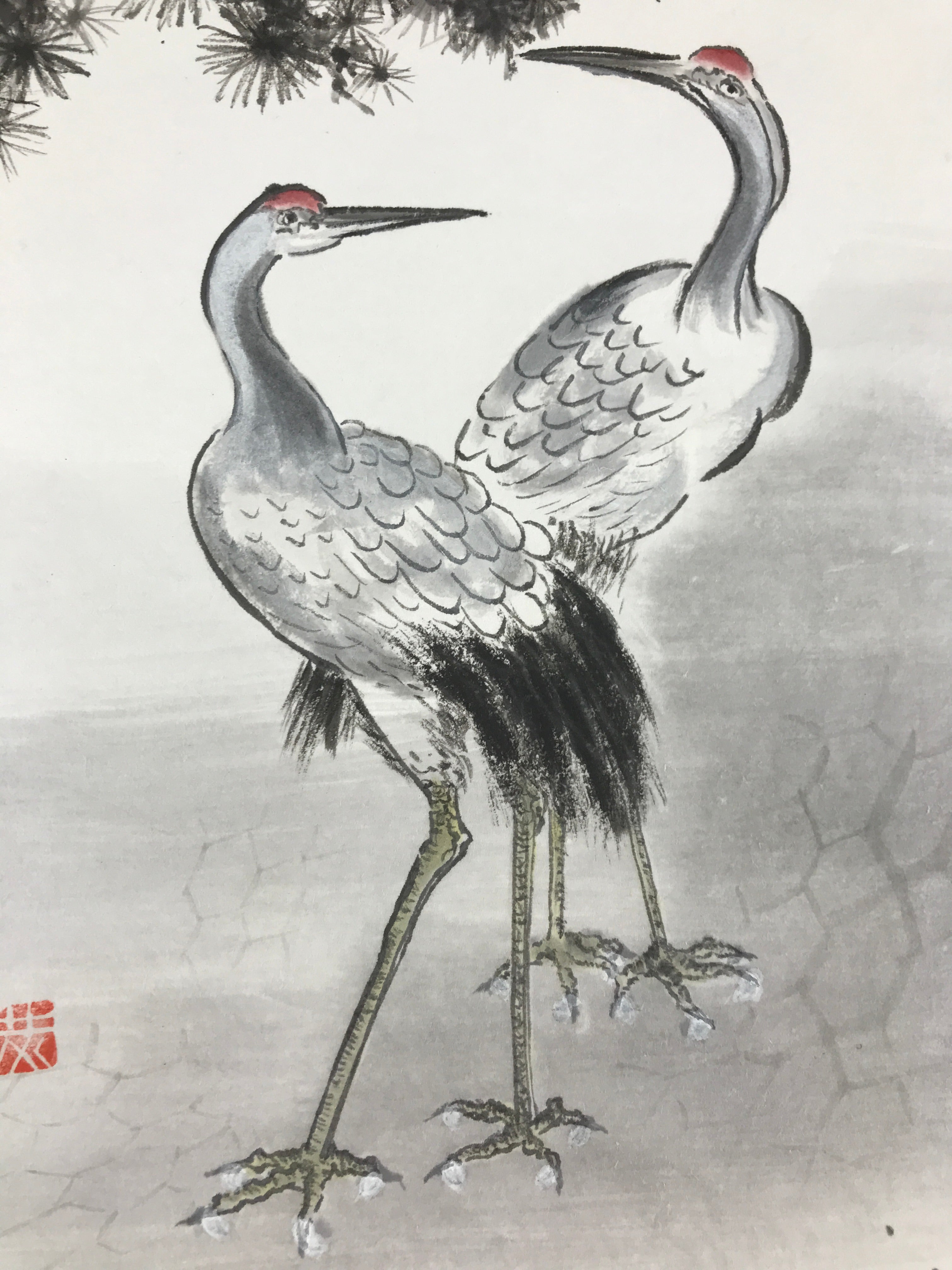 Japanese Art Board Vtg Shikishi Paper Hand Drawn Picture Pine Tree Cranes A451