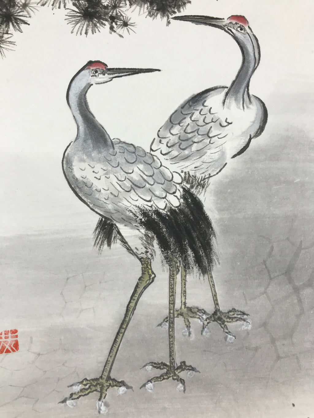 Japanese Art Board Vtg Shikishi Paper Hand Drawn Picture Pine Tree Cranes A451