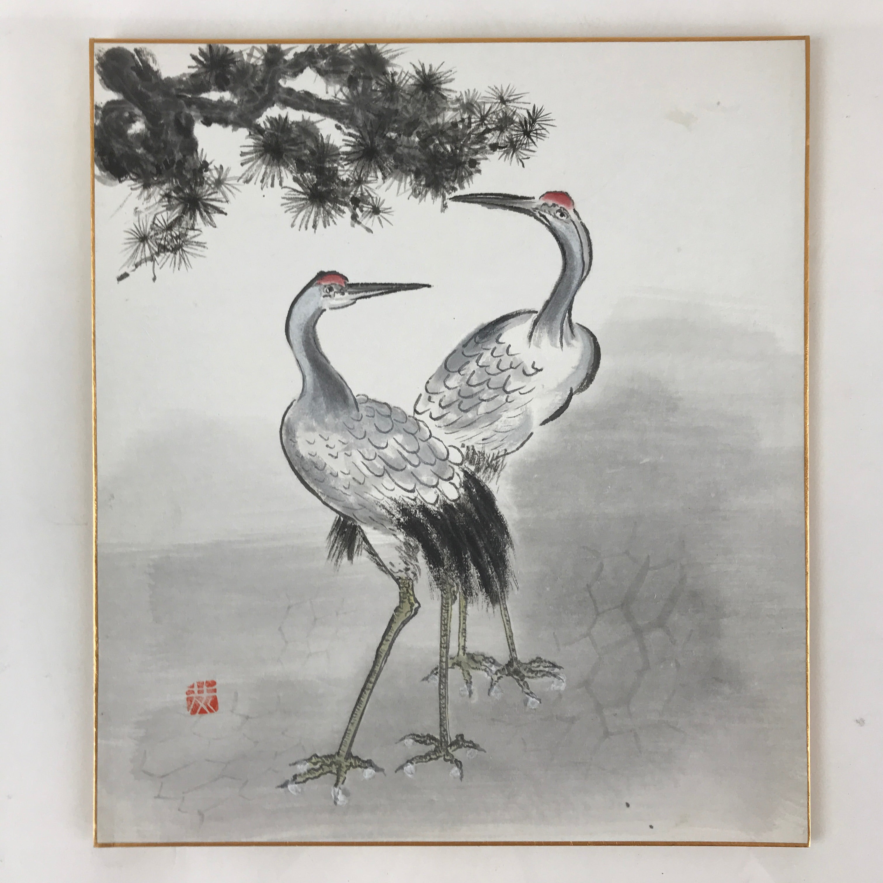 Japanese Art Board Vtg Shikishi Paper Hand Drawn Picture Pine Tree Cranes A451