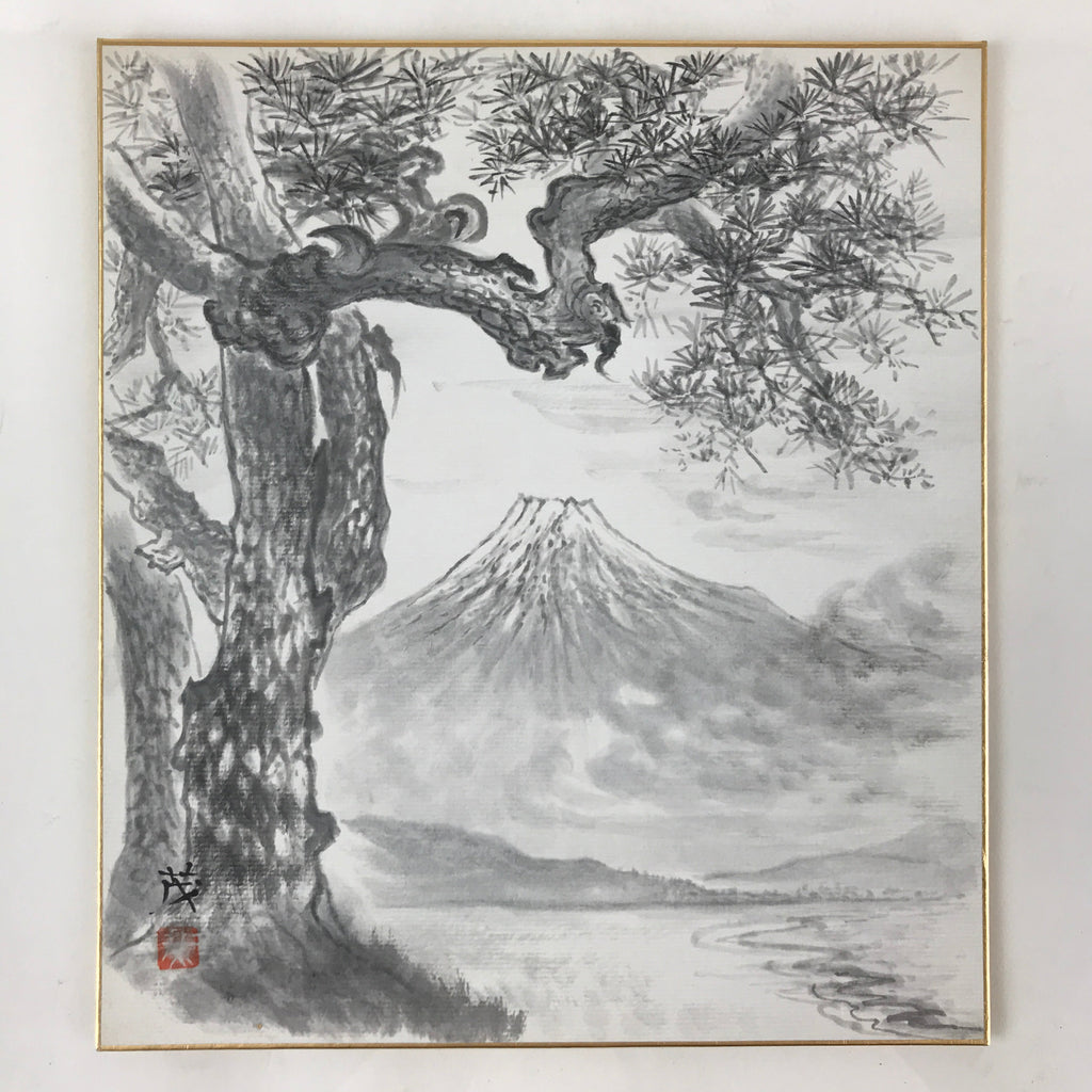 Japanese Art Board Vtg Shikishi Paper Hand Drawn Picture Pine Tree Mountain A452