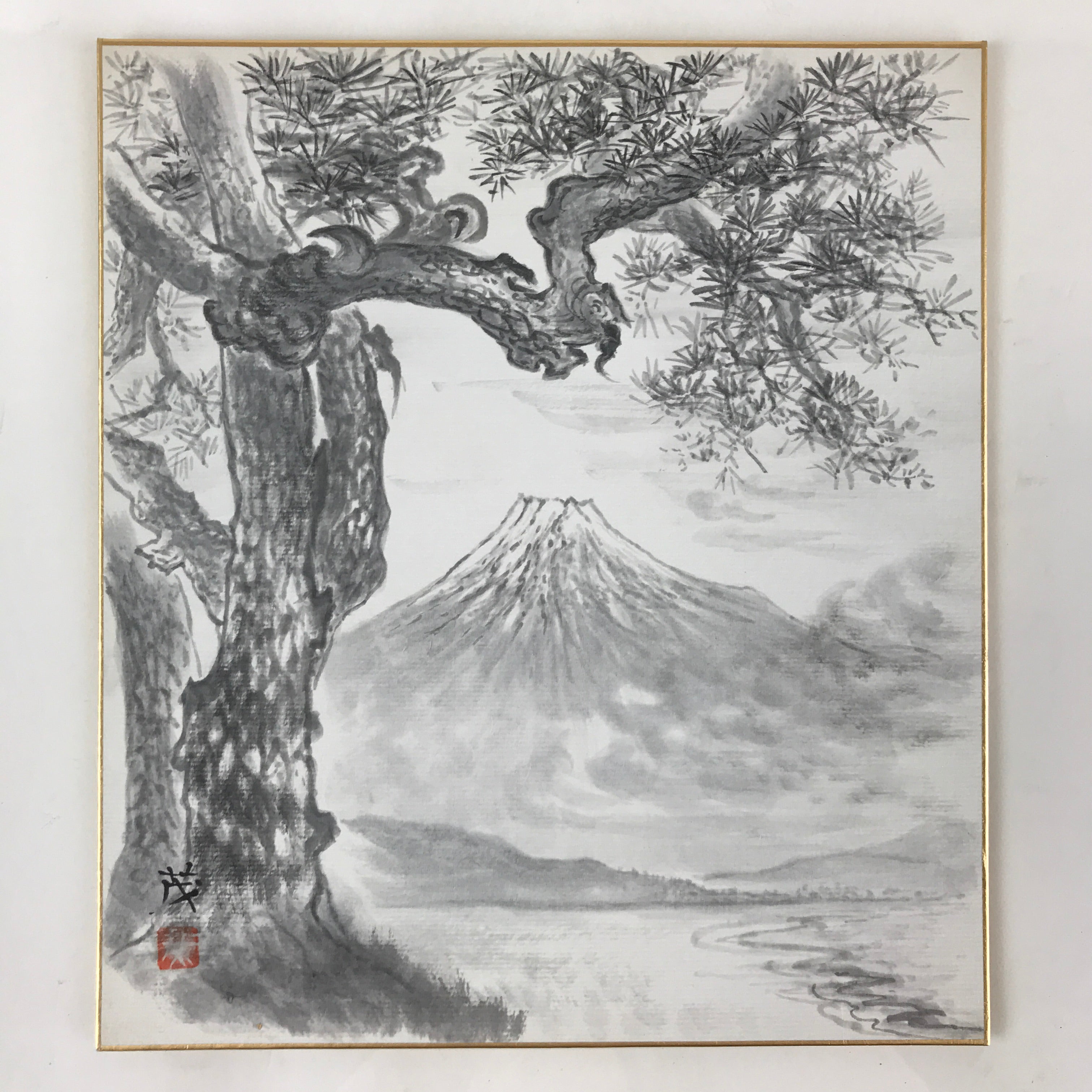 Japanese Art Board Vtg Shikishi Paper Hand Drawn Picture Pine Tree Mountain A452