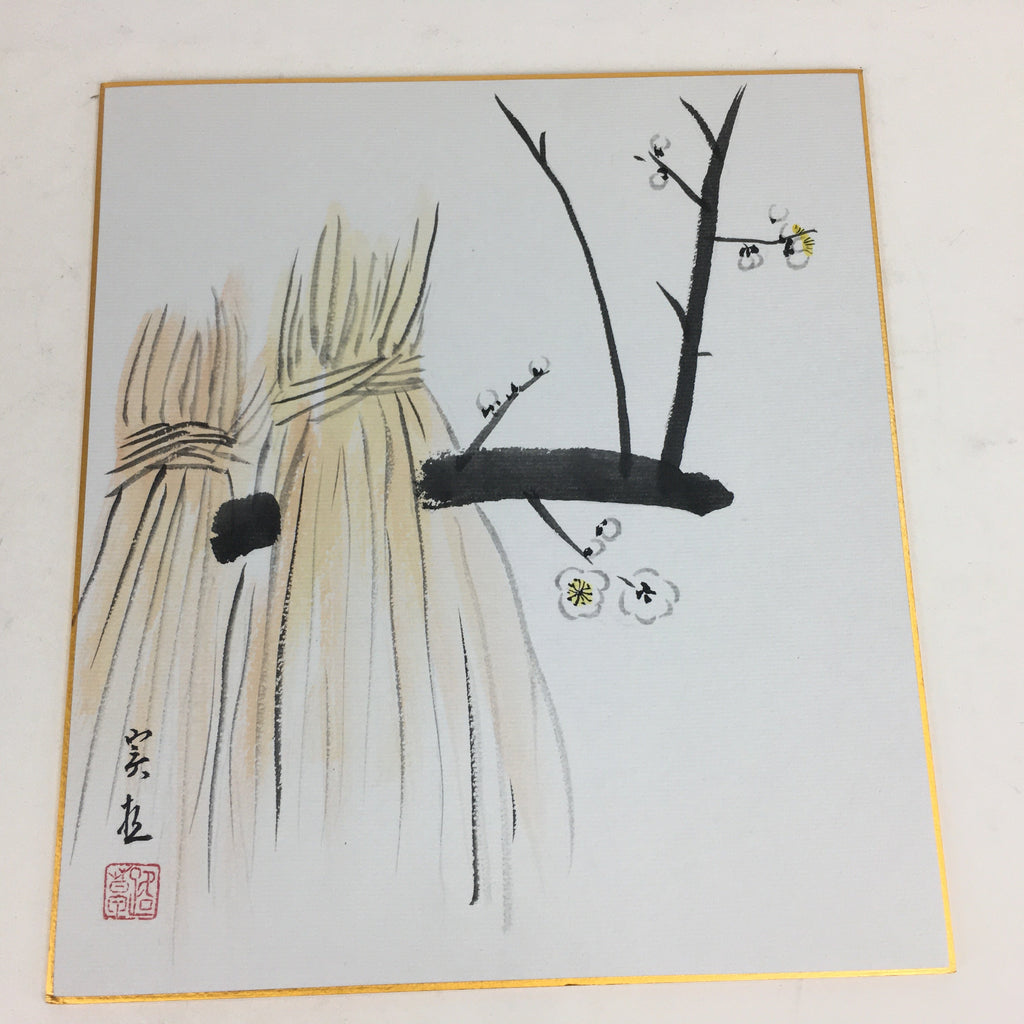 Japanese Art Board Vtg Shikishi Paper Hand Drawn Picture Plum blossom A361