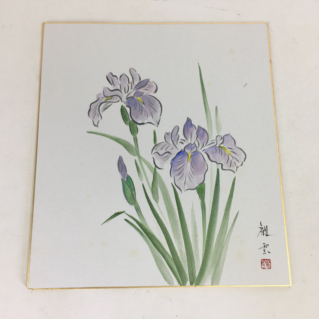 Japanese Art Board Vtg Shikishi Paper Hand Drawn Picture Purple Iris Ayame A344