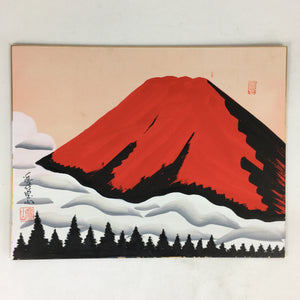 Japanese Art Board Vtg Shikishi Paper Hand Drawn Picture Red Mount Fuji A422