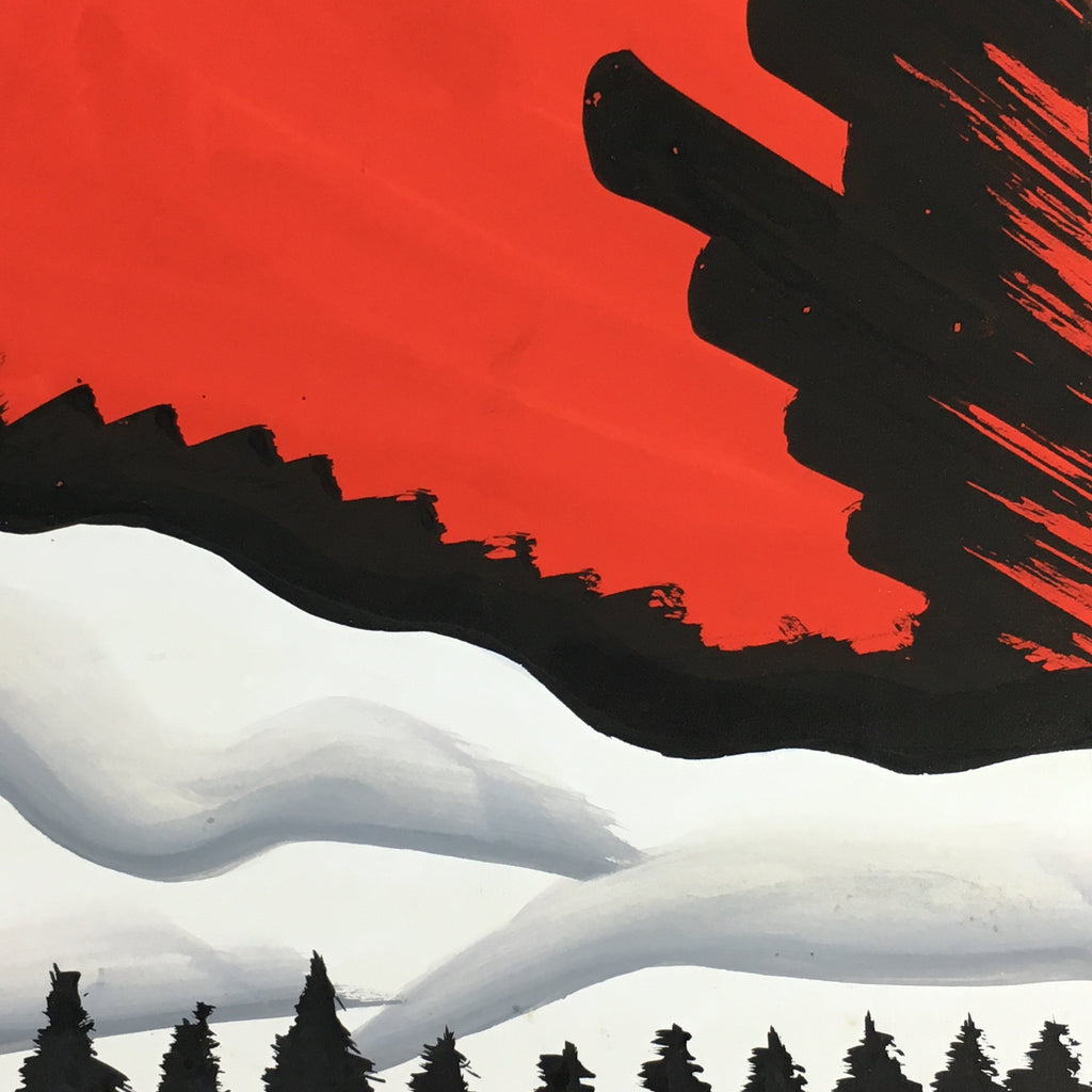 Japanese Art Board Vtg Shikishi Paper Hand Drawn Picture Red Mount Fuji A422