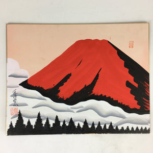 Japanese Art Board Vtg Shikishi Paper Hand Drawn Picture Red Mount Fuji A422