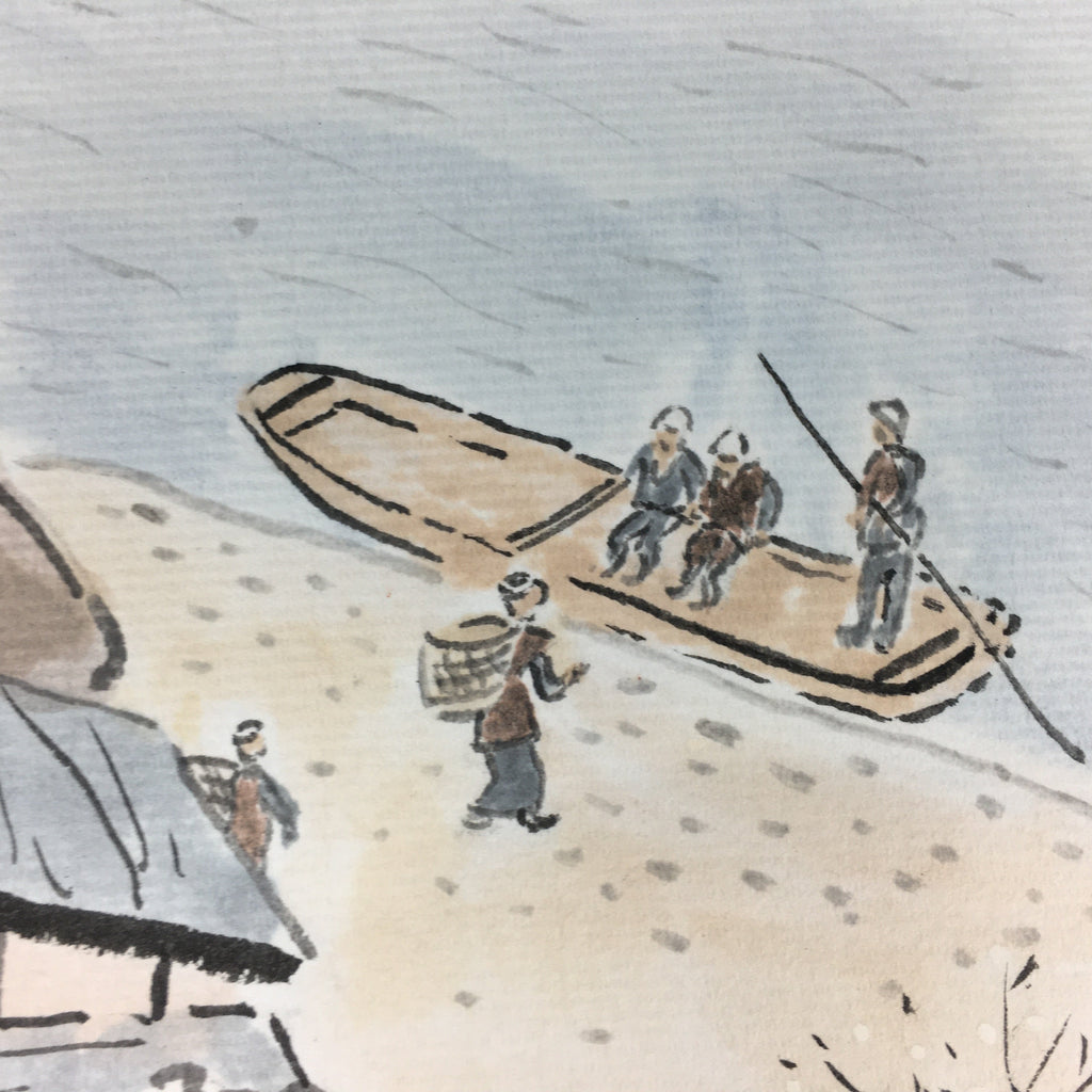 Japanese Art Board Vtg Shikishi Paper Hand Drawn Picture River Dock A371