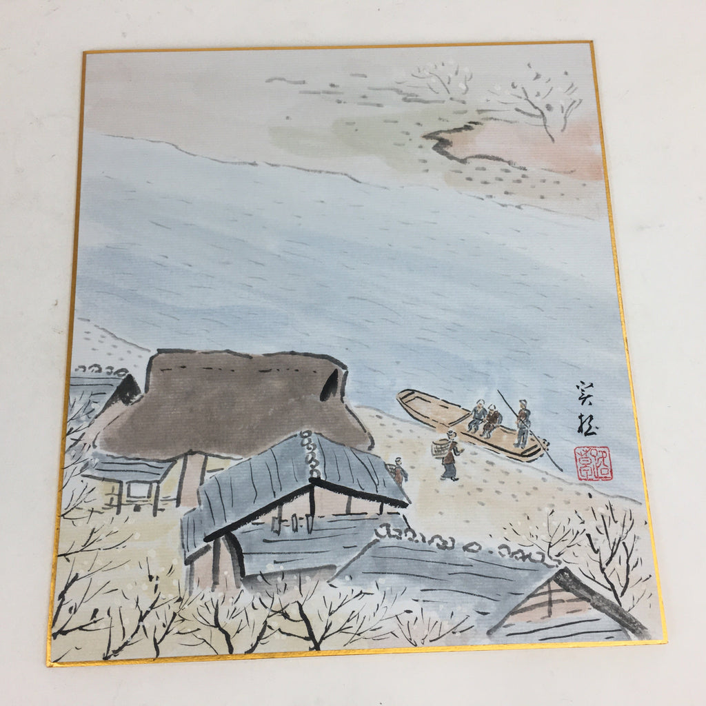 Japanese Art Board Vtg Shikishi Paper Hand Drawn Picture River Dock A371